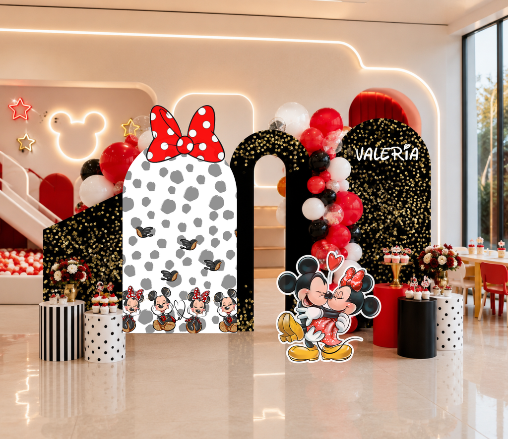 Classic Mouse Birthday Backdrop & Cutouts | Personalized Red Black Gold Party Decorations