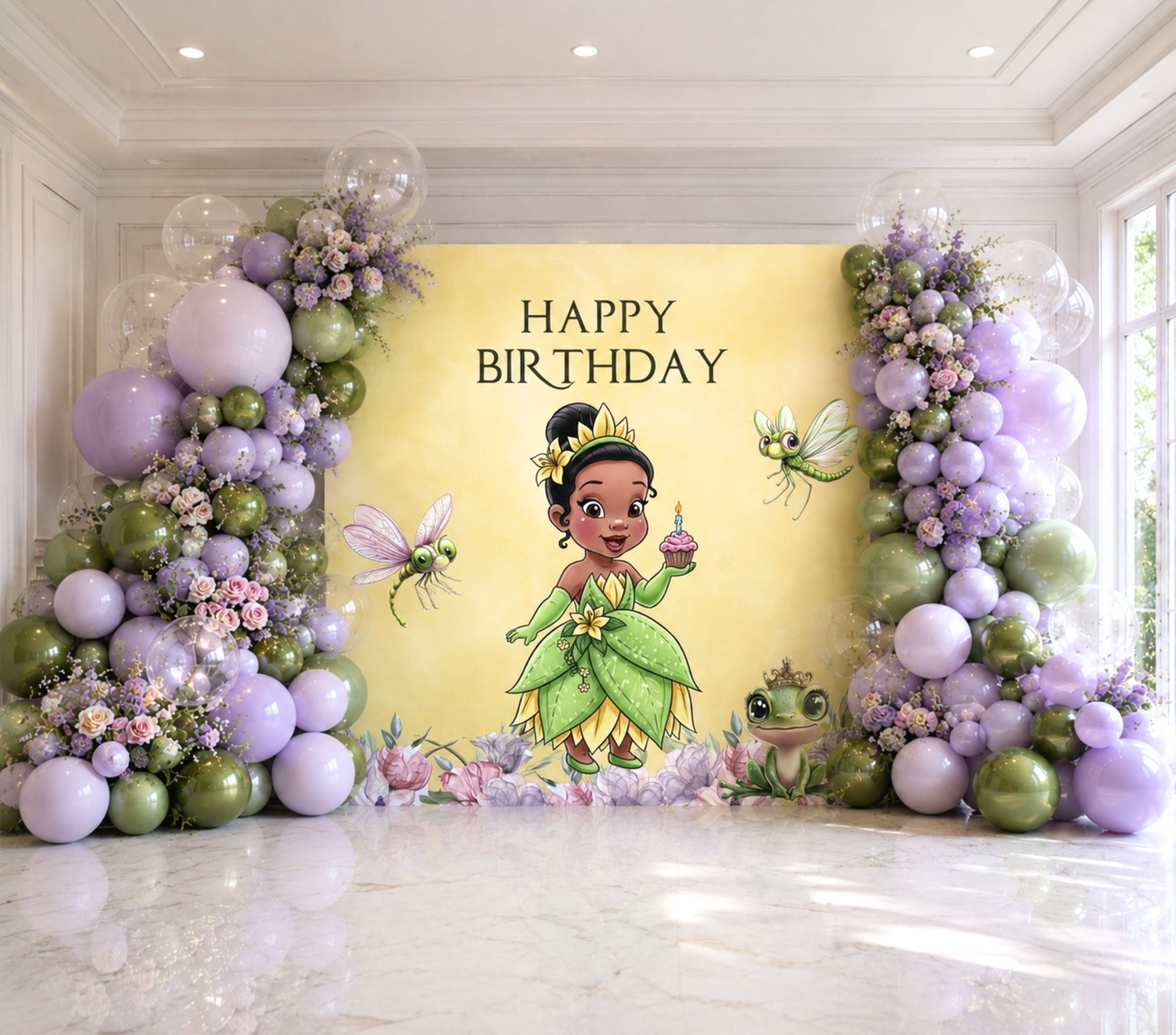 Yellow personalized frog princess backdrop with lavender balloons and fairytale party decorations