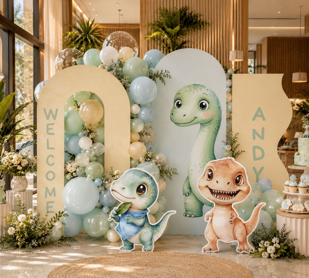 Cute Baby Dinosaur Party Decorations | Personalized Backdrop, Arch Panels & Cutouts