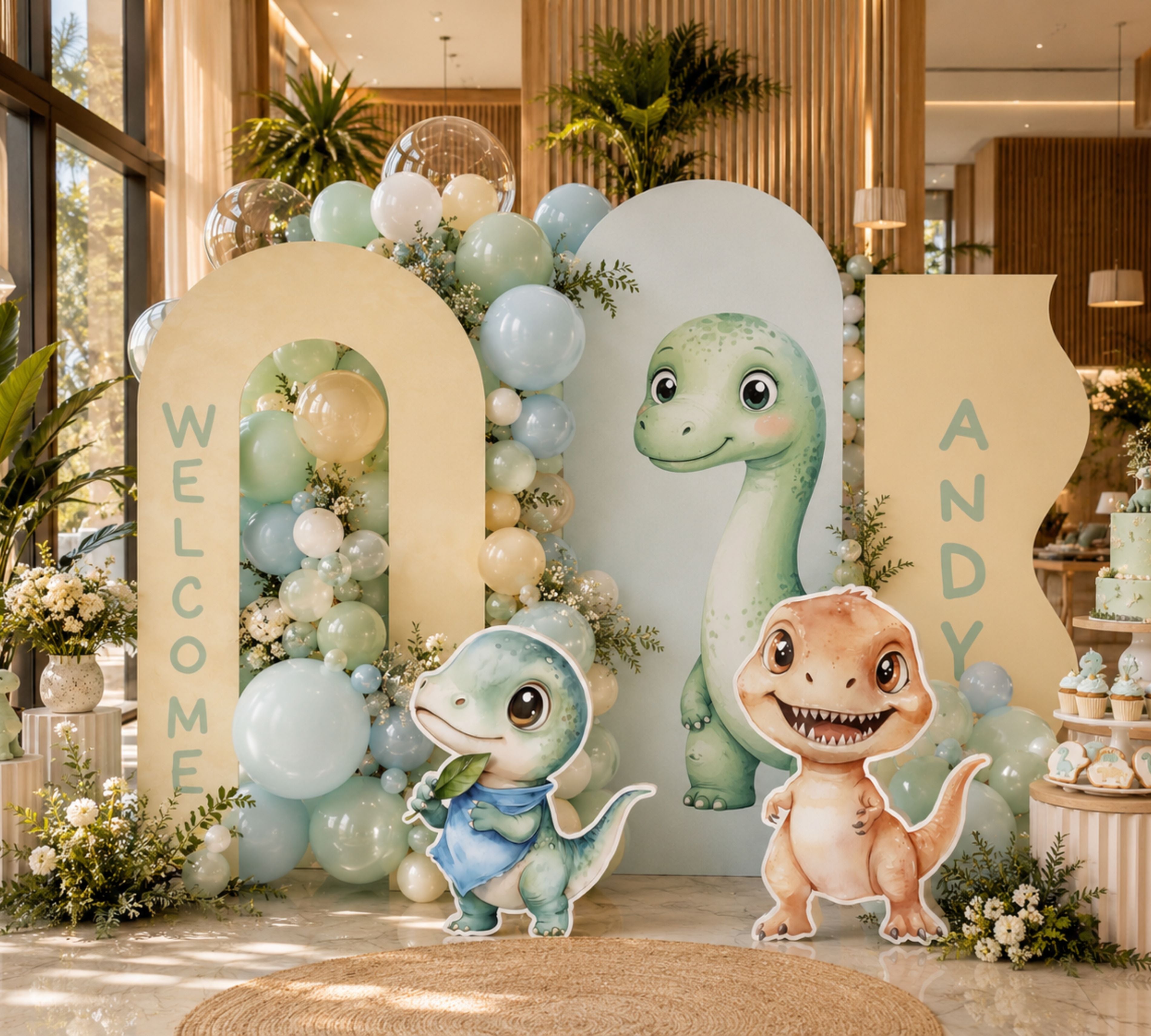 Cute Baby Dinosaur Party Decorations | Personalized Backdrop, Arch Panels & Cutouts