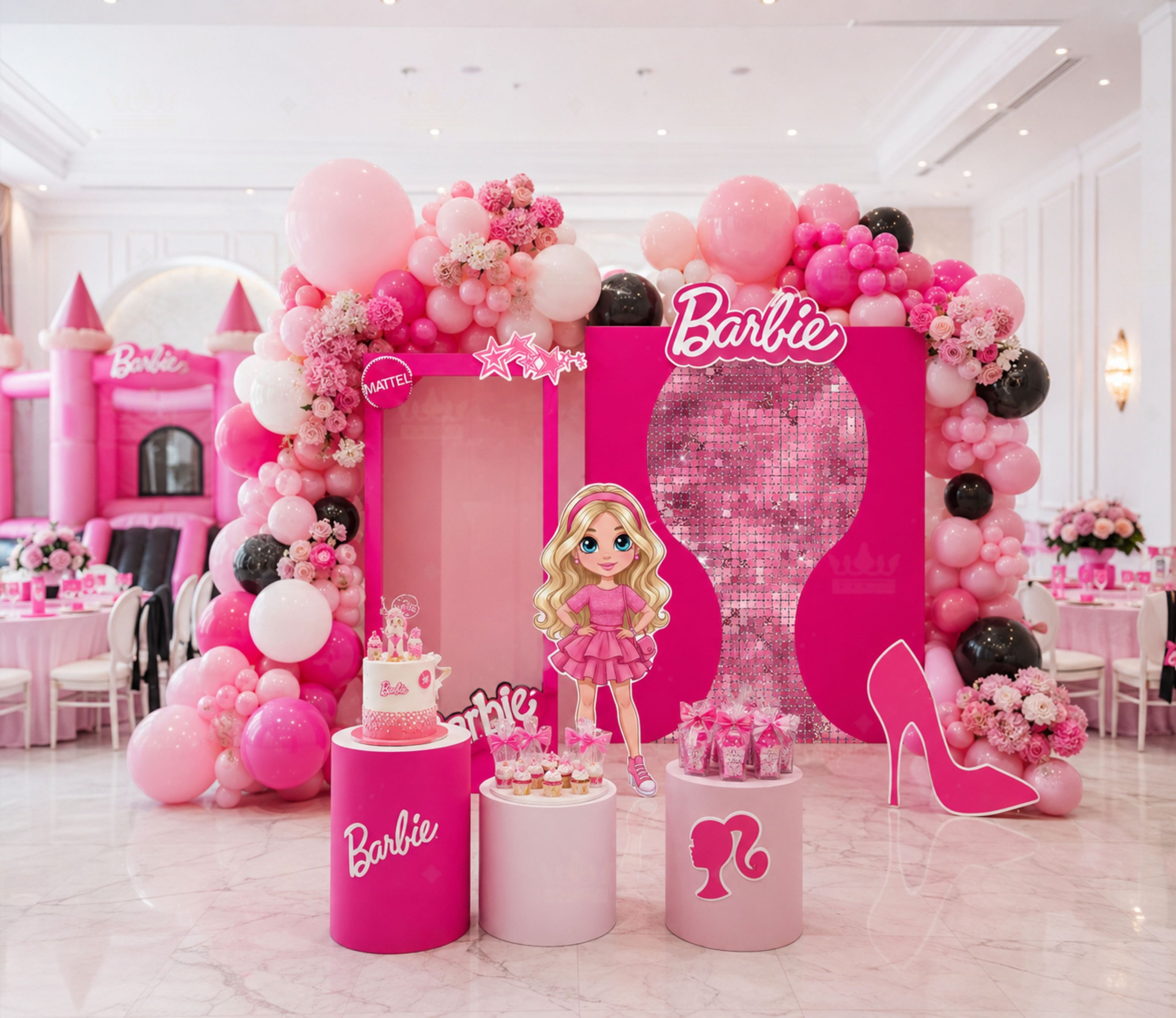 Hot pink fashion doll party backdrop with layered panels, balloon clusters and matching character cutouts for a girls birthday celebration.