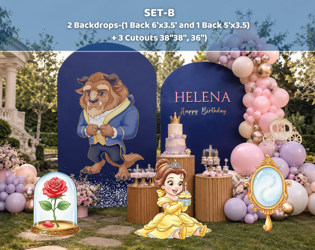 Fairytale princess backdrop set with navy and gold details, custom character cutouts, and personalized birthday party decor.
