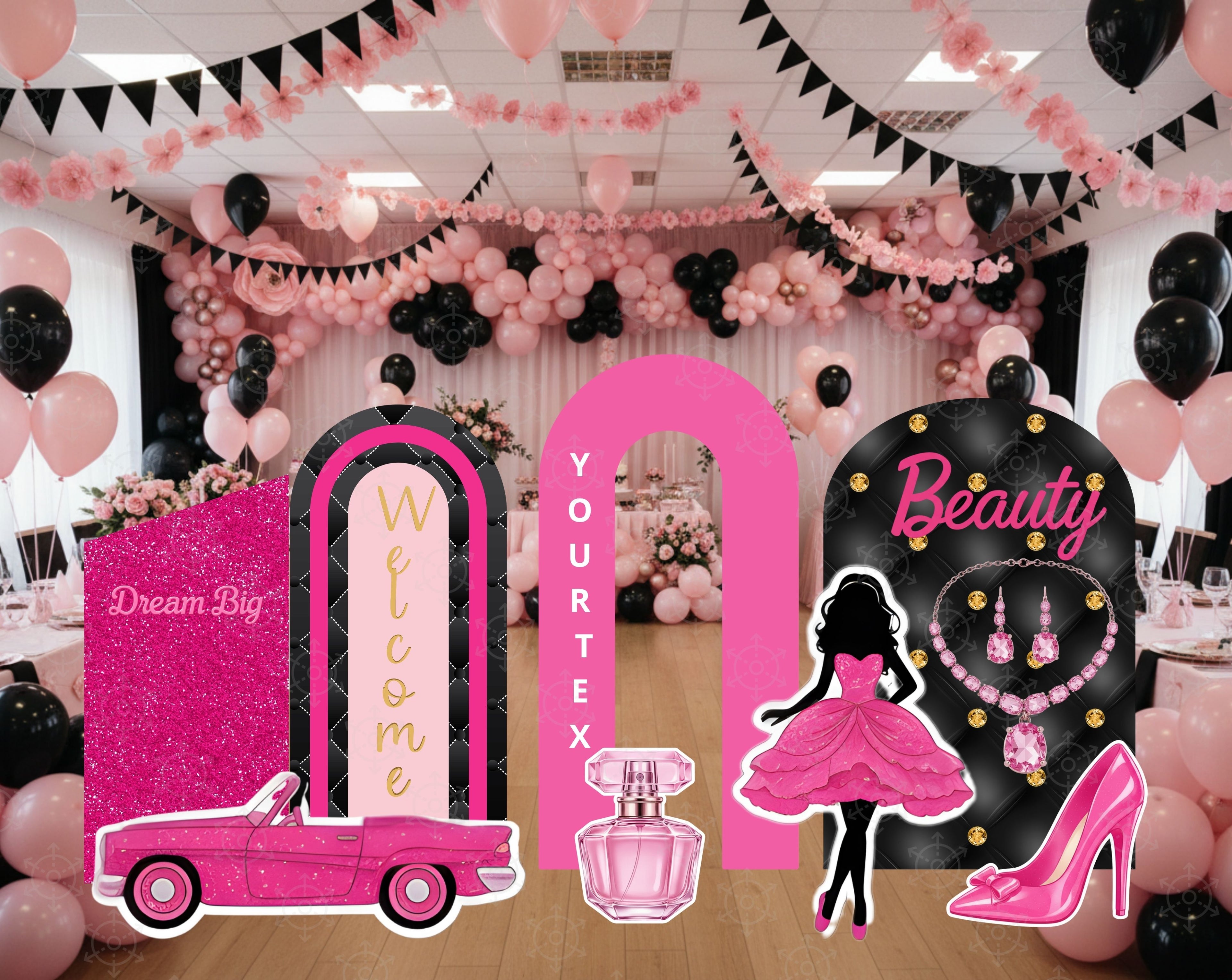 Pink Doll Party Backdrop & Cutouts | Personalized Glam Girls Birthday Decorations