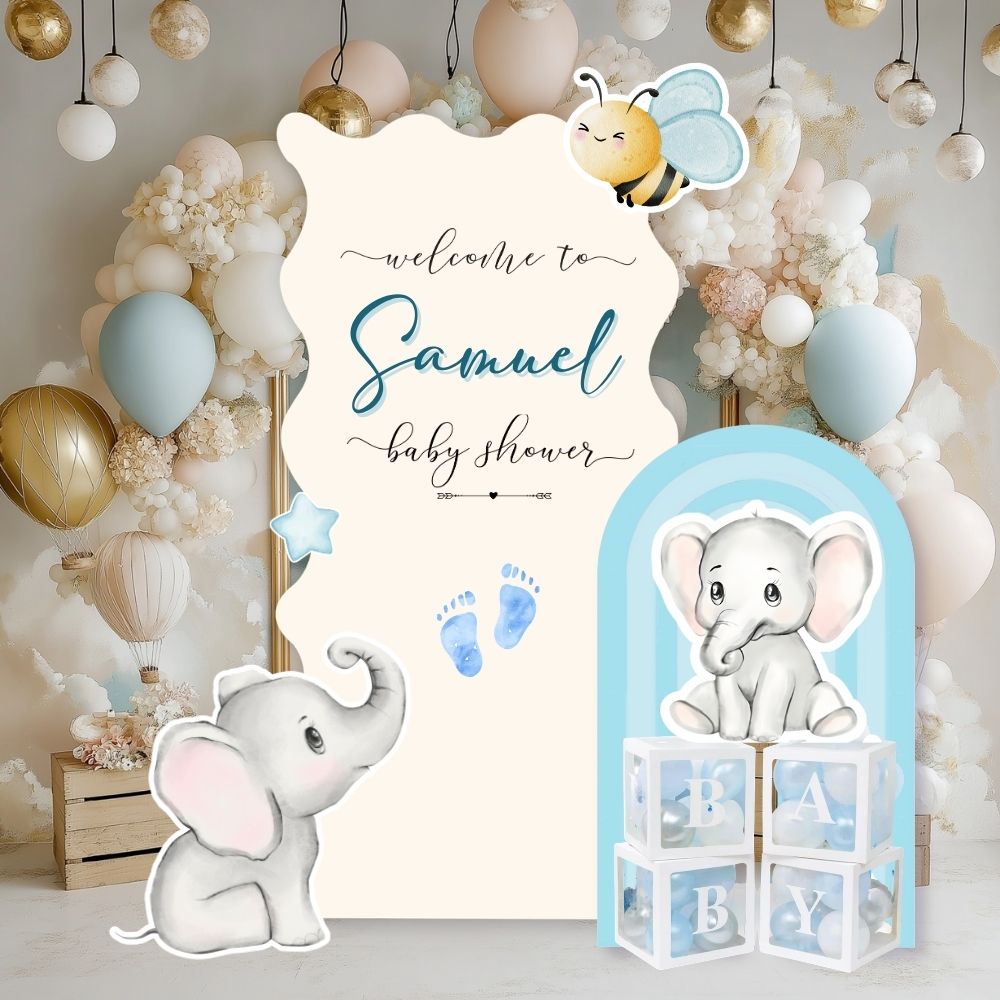 Blue Toile Baby Backdrop & Cutouts | Personalized Elephant First Birthday Decorations