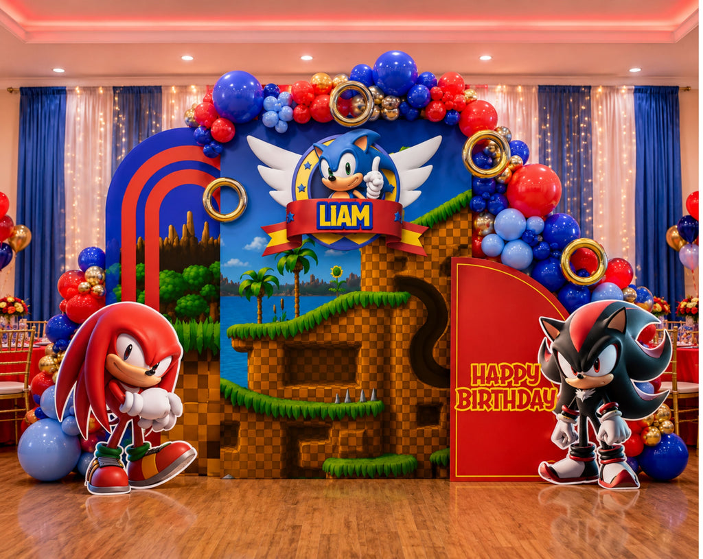 Custom Fast Blue Hedgehog Birthday Backdrop & Cutouts | Personalized Video Game Party Decorations