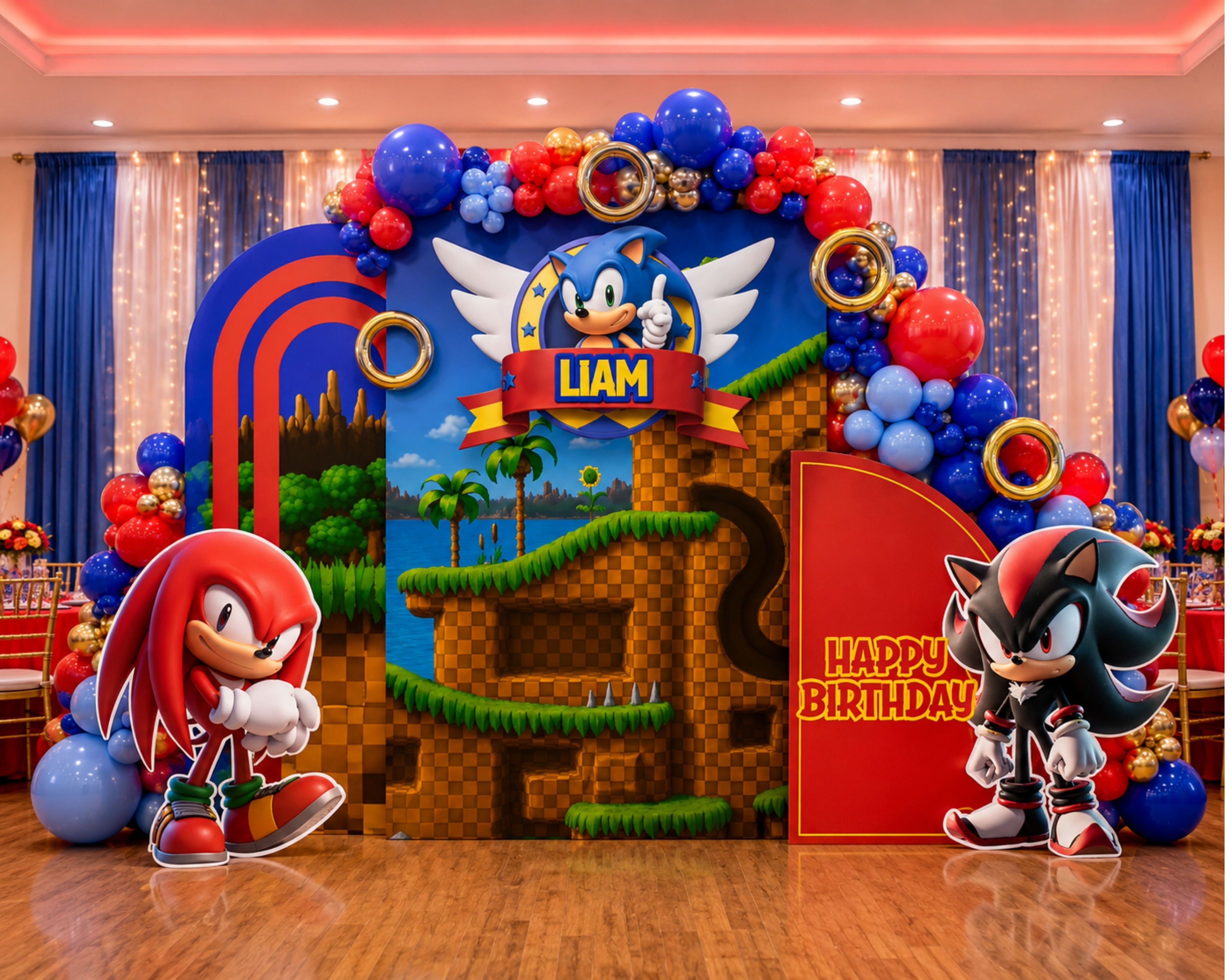 Custom Fast Blue Hedgehog Birthday Backdrop & Cutouts | Personalized Video Game Party Decorations