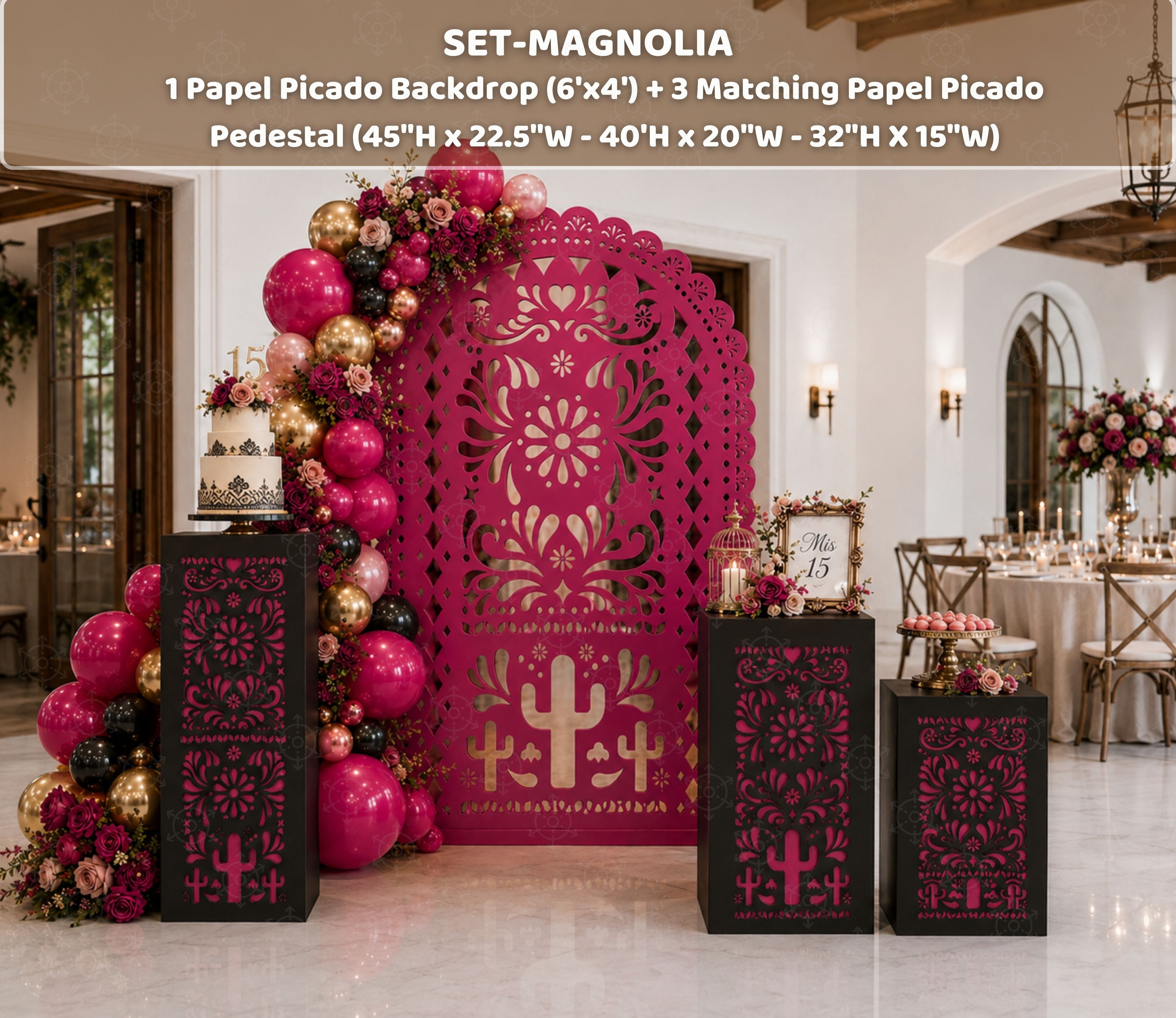 Hot pink Papel Picado backdrop with matching dark pedestals and floral party decorations