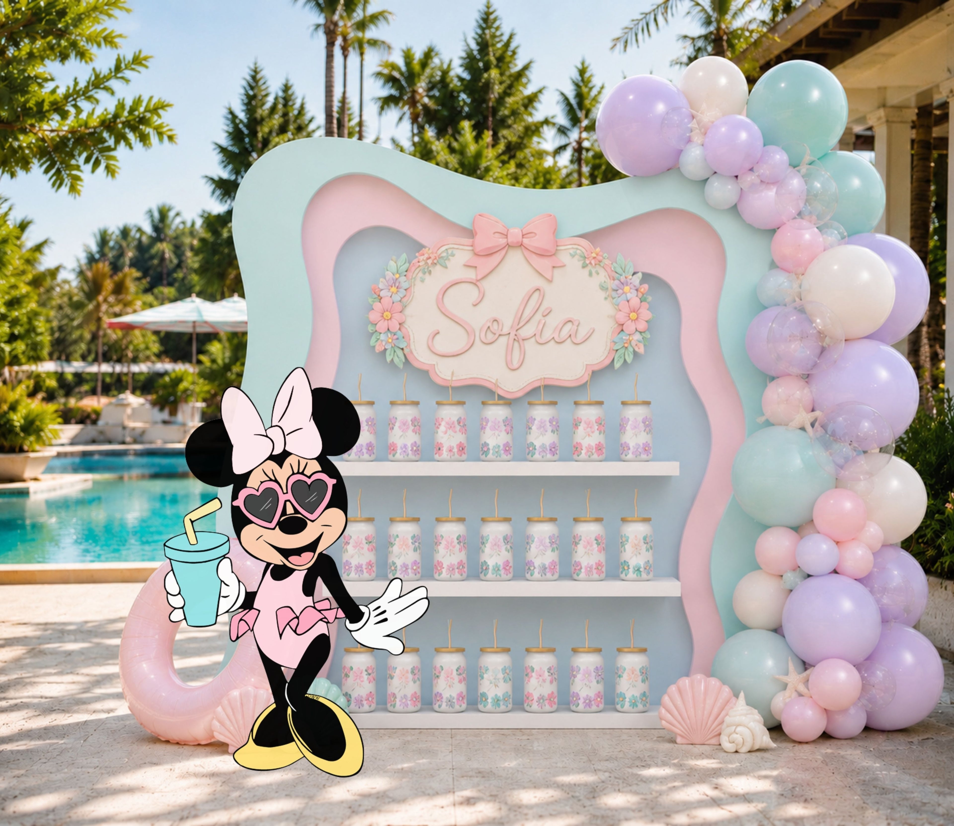 Pastel pink and aqua birthday backdrop with favor display shelves, balloon garland and character cutout for a girls pool party.