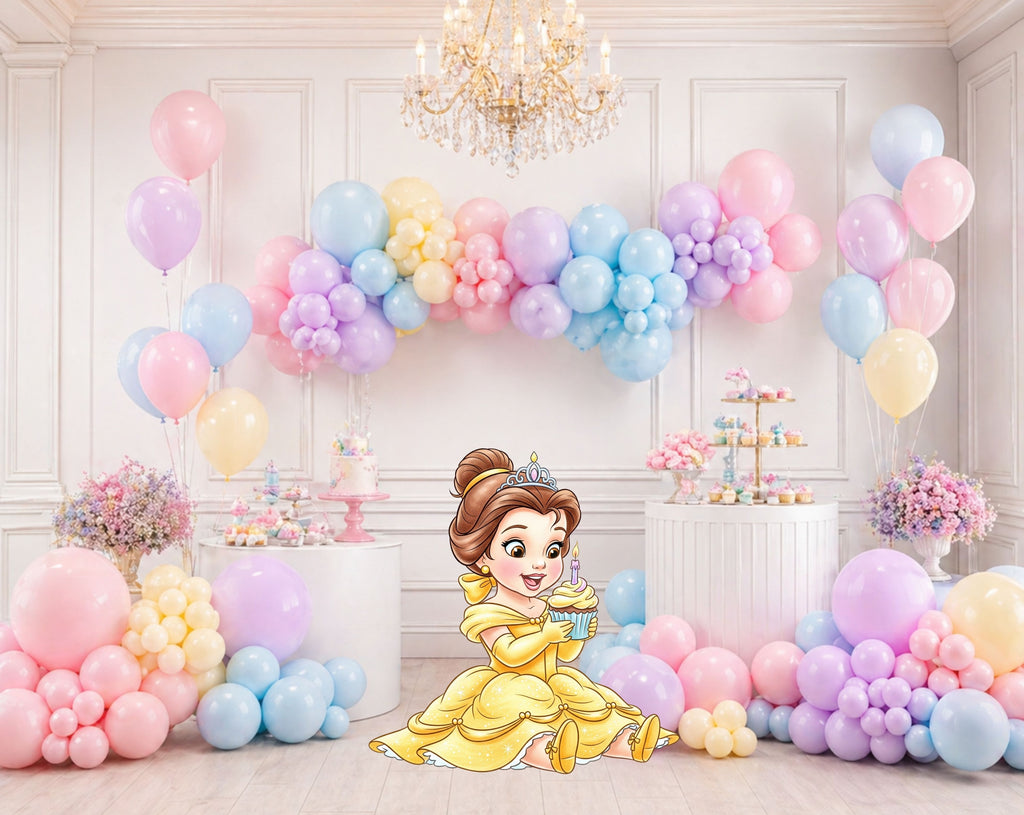 Storybook-inspired princess party decor with personalized backdrop, colorful fairytale cutouts, and elegant birthday styling.