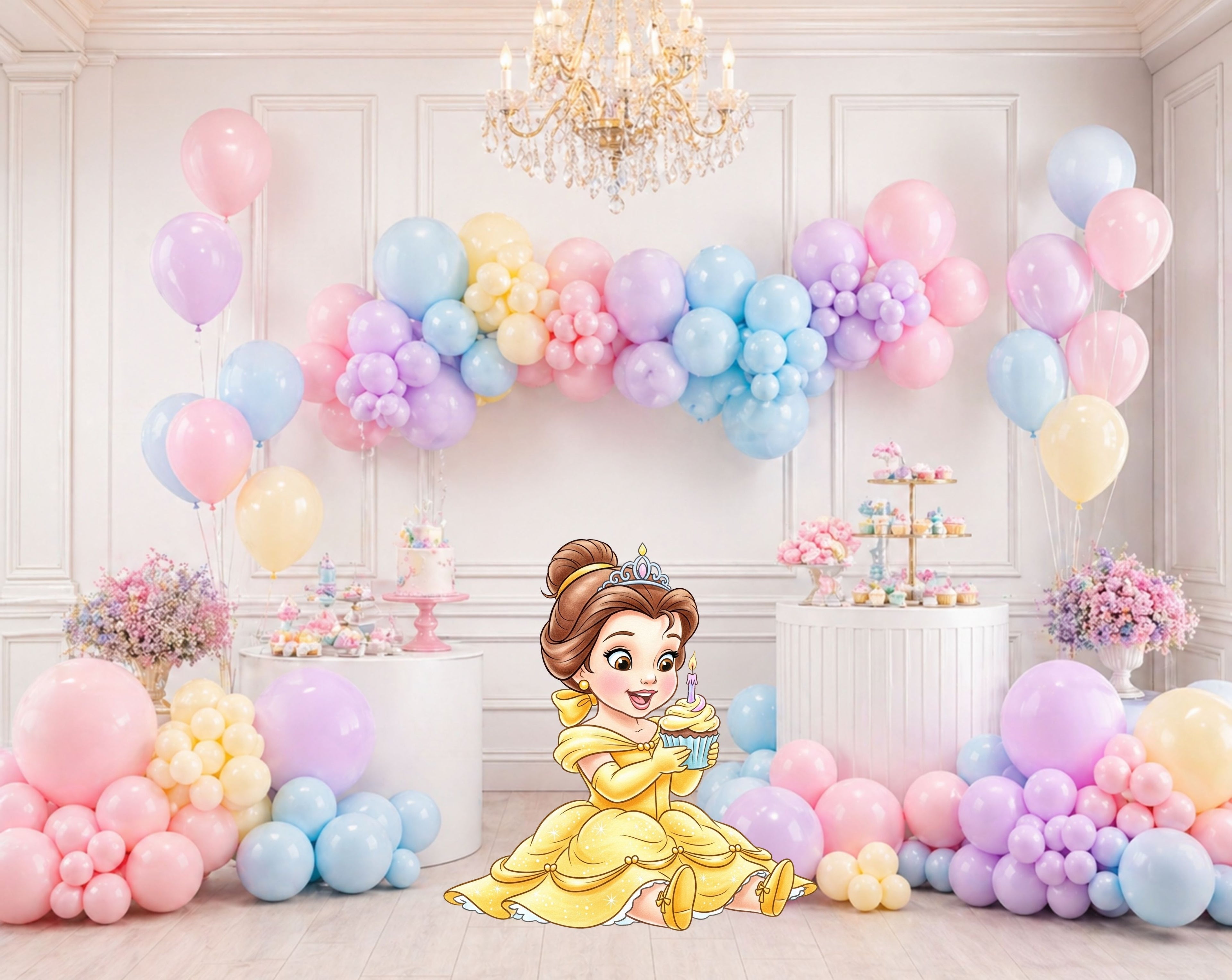 Storybook-inspired princess party decor with personalized backdrop, colorful fairytale cutouts, and elegant birthday styling.