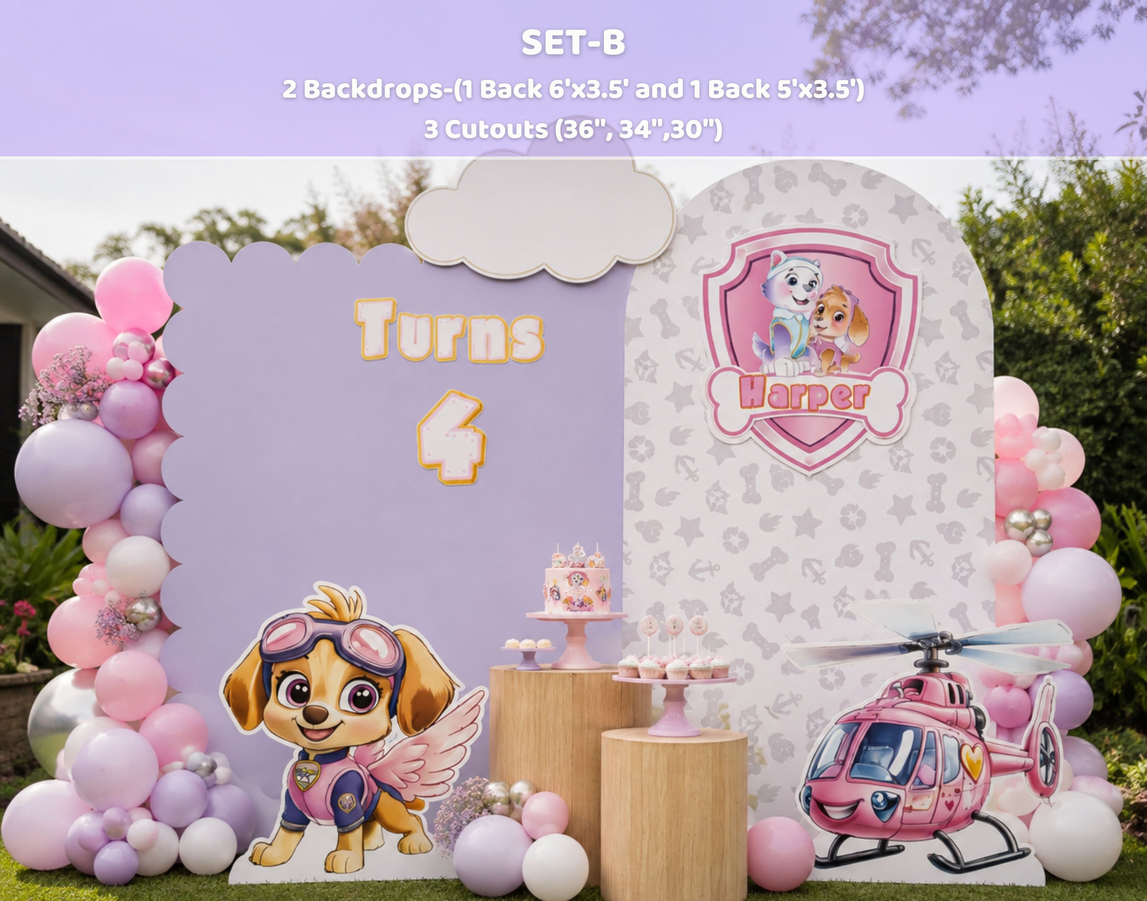 Personalized puppy birthday backdrop with pastel purple and pink panels, balloon decor and character cutouts for a custom girls celebration.