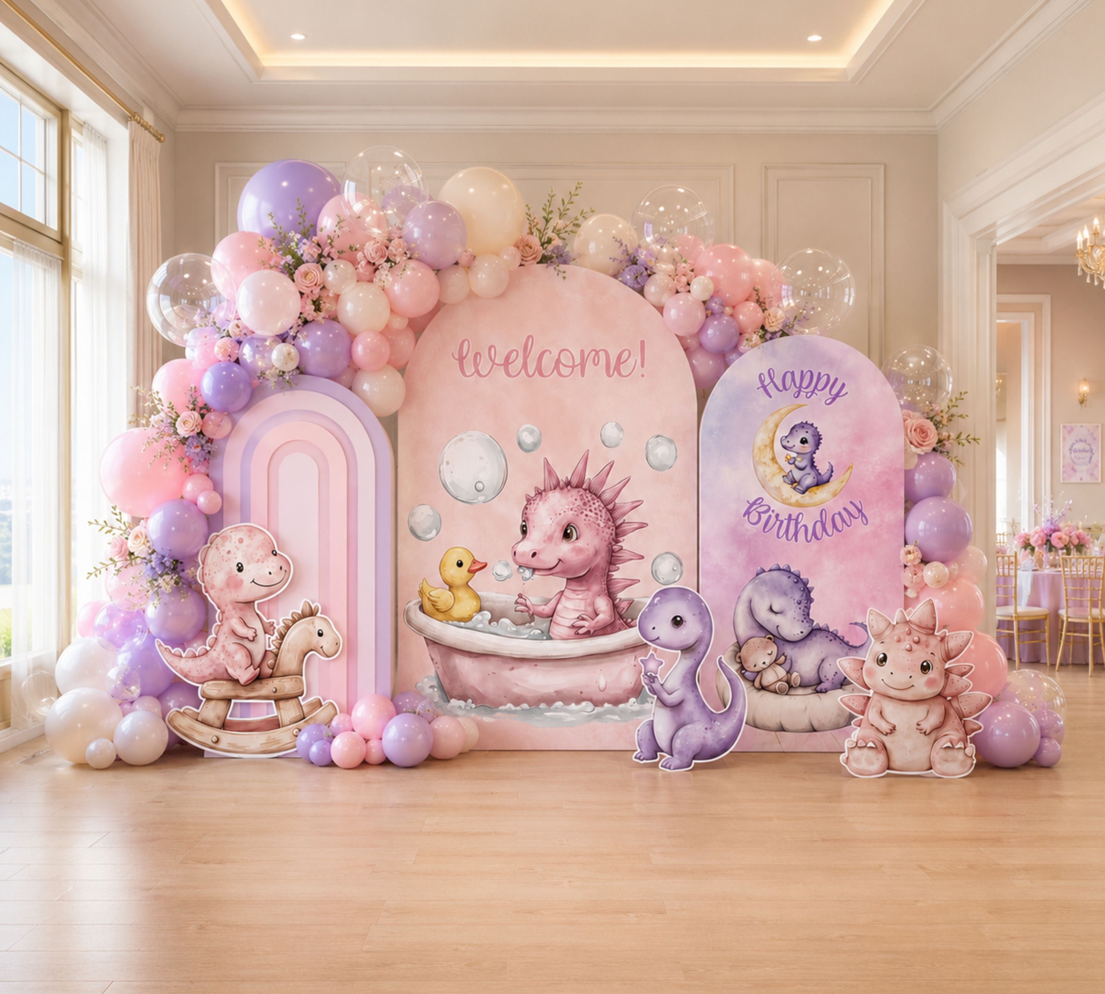 Cute Baby Dinosaur Party Decorations | Personalized Backdrop, Arch Panels & Cutouts