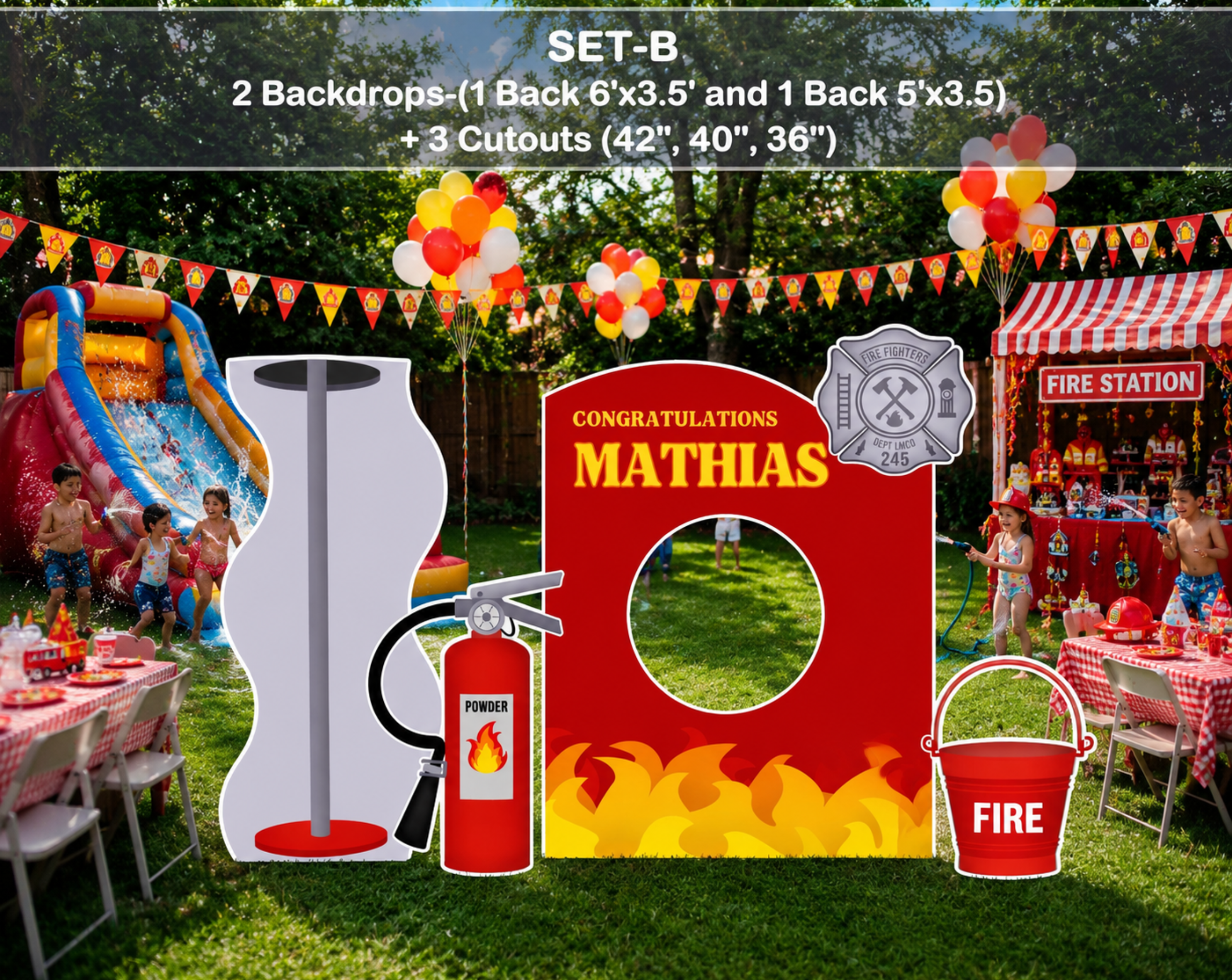 Firefighter Birthday Backdrop & Cutouts | Personalized Fire Truck Party Decorations