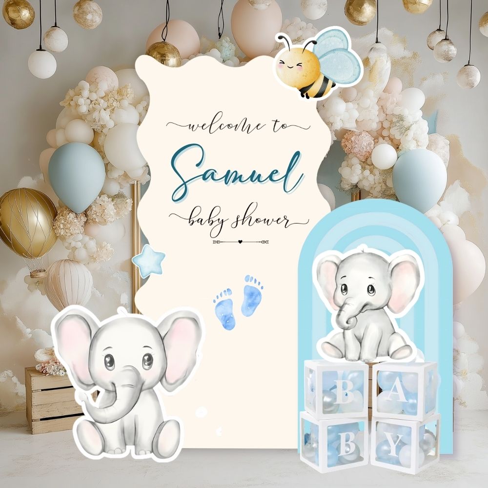 Blue Toile Baby Backdrop & Cutouts | Personalized Elephant First Birthday Decorations