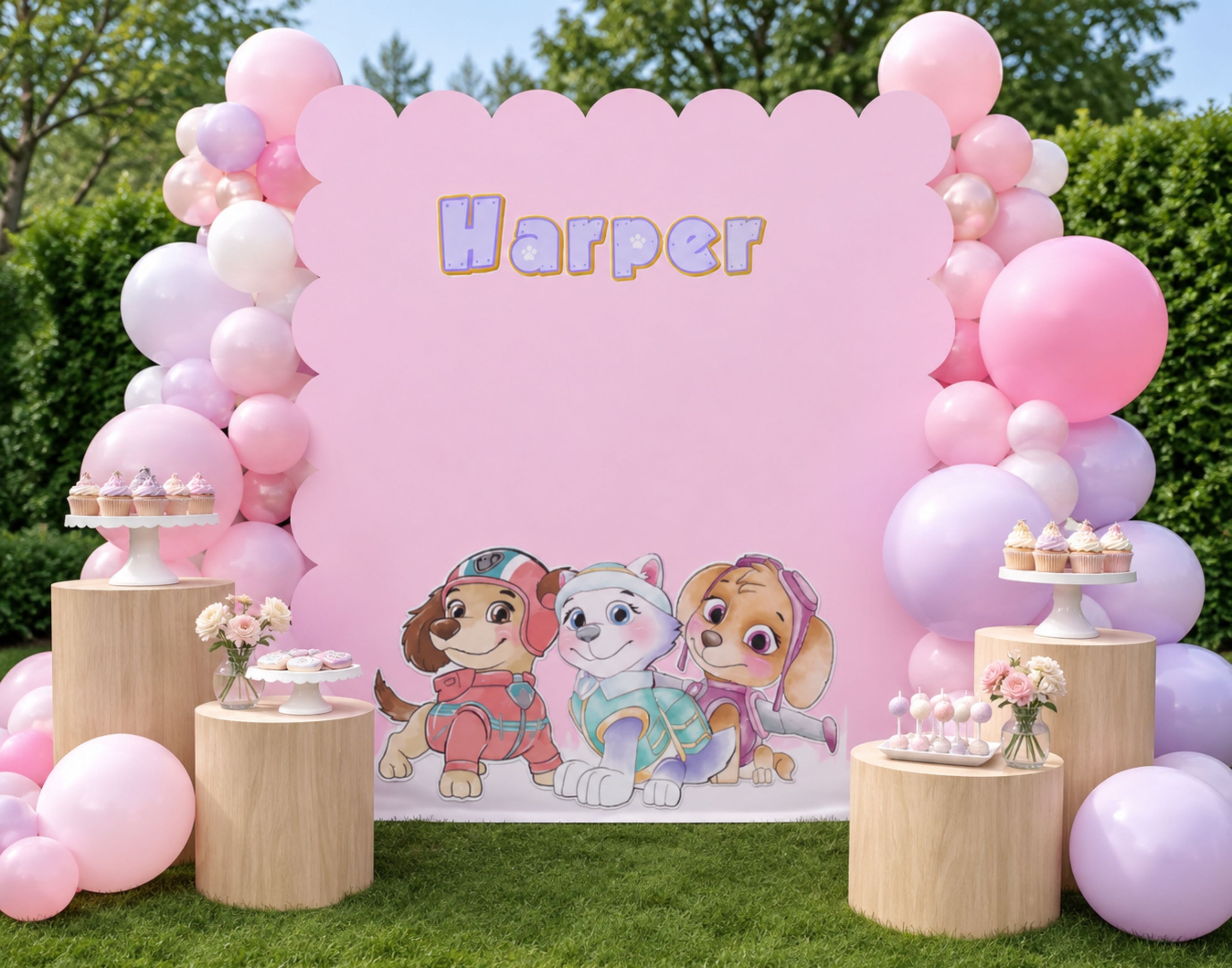 Personalized pink puppy birthday backdrop with name sign, balloon garland and themed party styling for a custom event display.