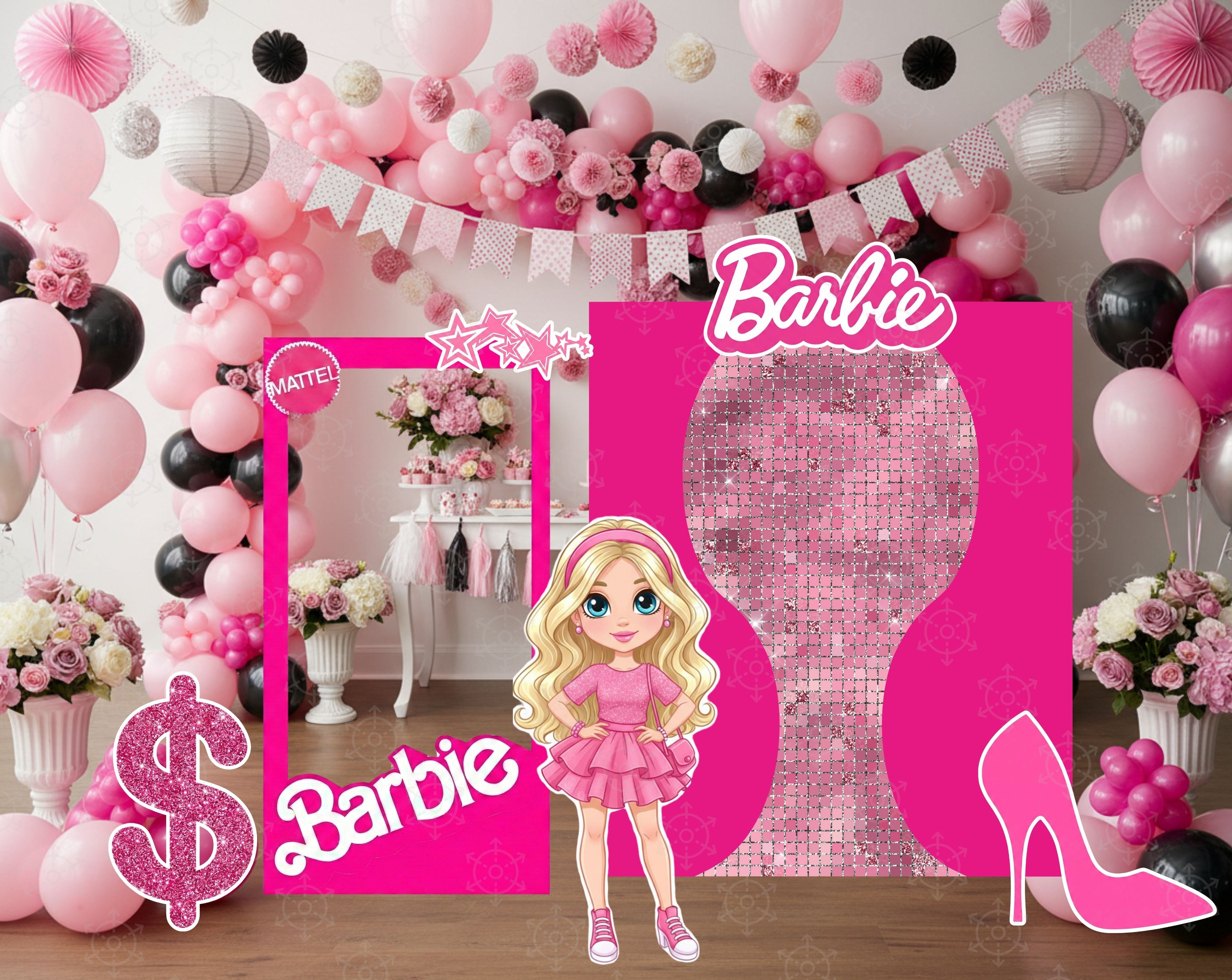 Pink Doll Party Backdrop & Cutouts | Personalized Glam Girls Birthday Decorations