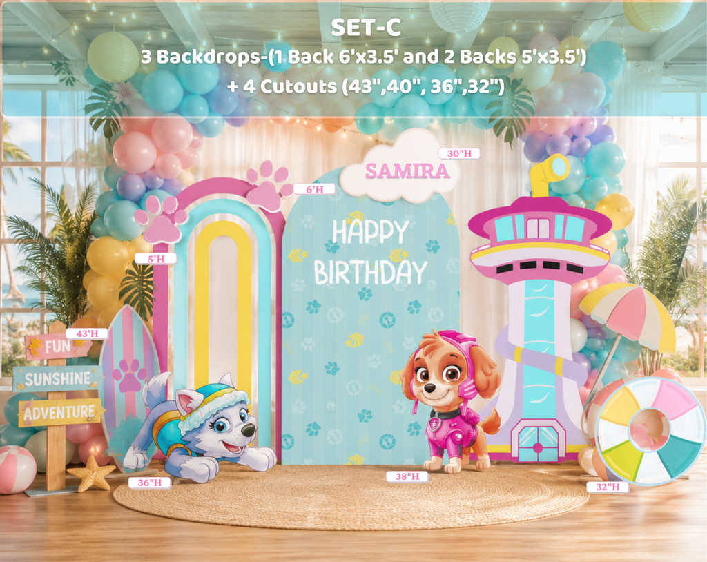 Pool Puppy Party Decoration Custom Backdrop with Shelves and Party Favors Rescue Summer Birthday Theme