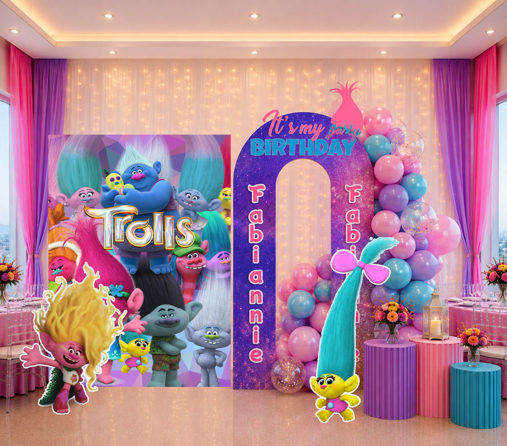 Custom Rainbow Hair Cartoon Birthday Backdrop & Cutouts | Colorful Kids Party Decorations