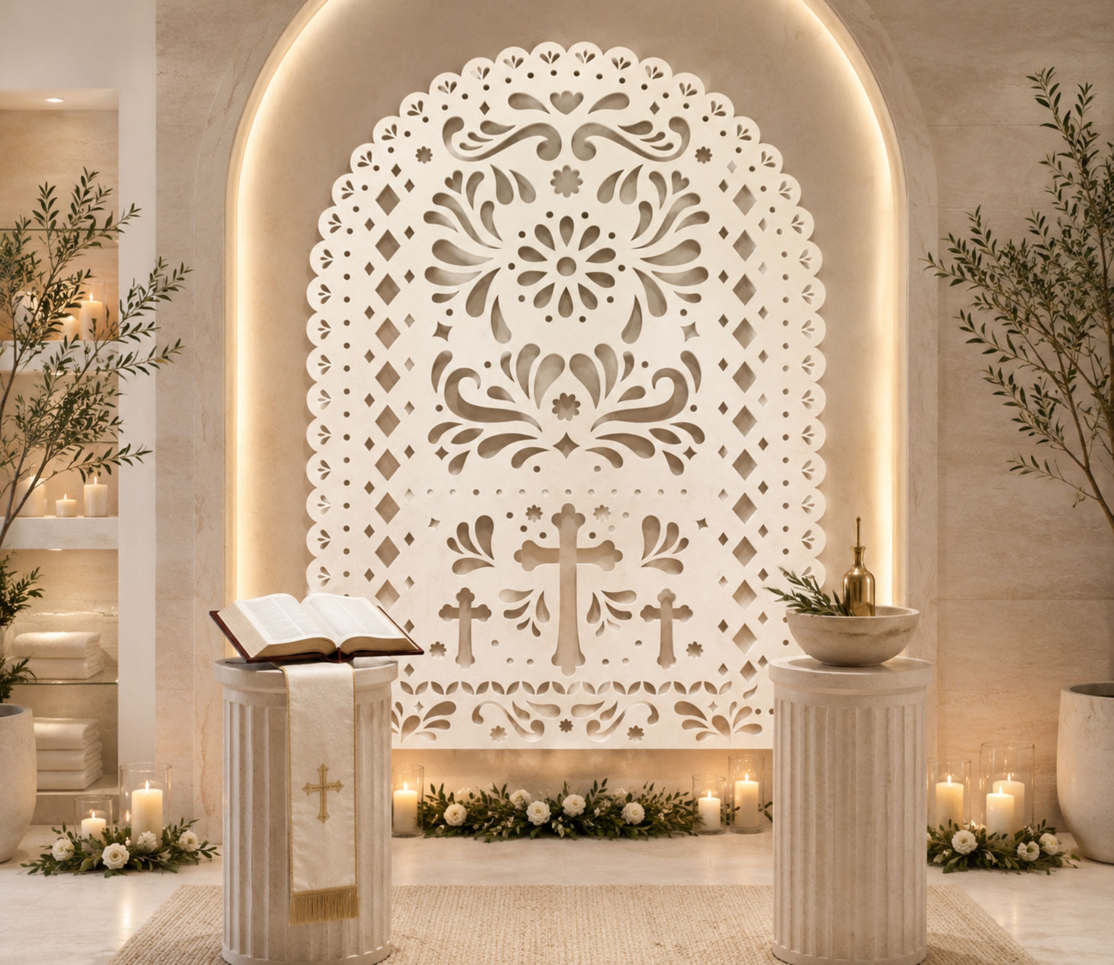 White religious papel picado backdrop with cross design for elegant Christian celebration decor