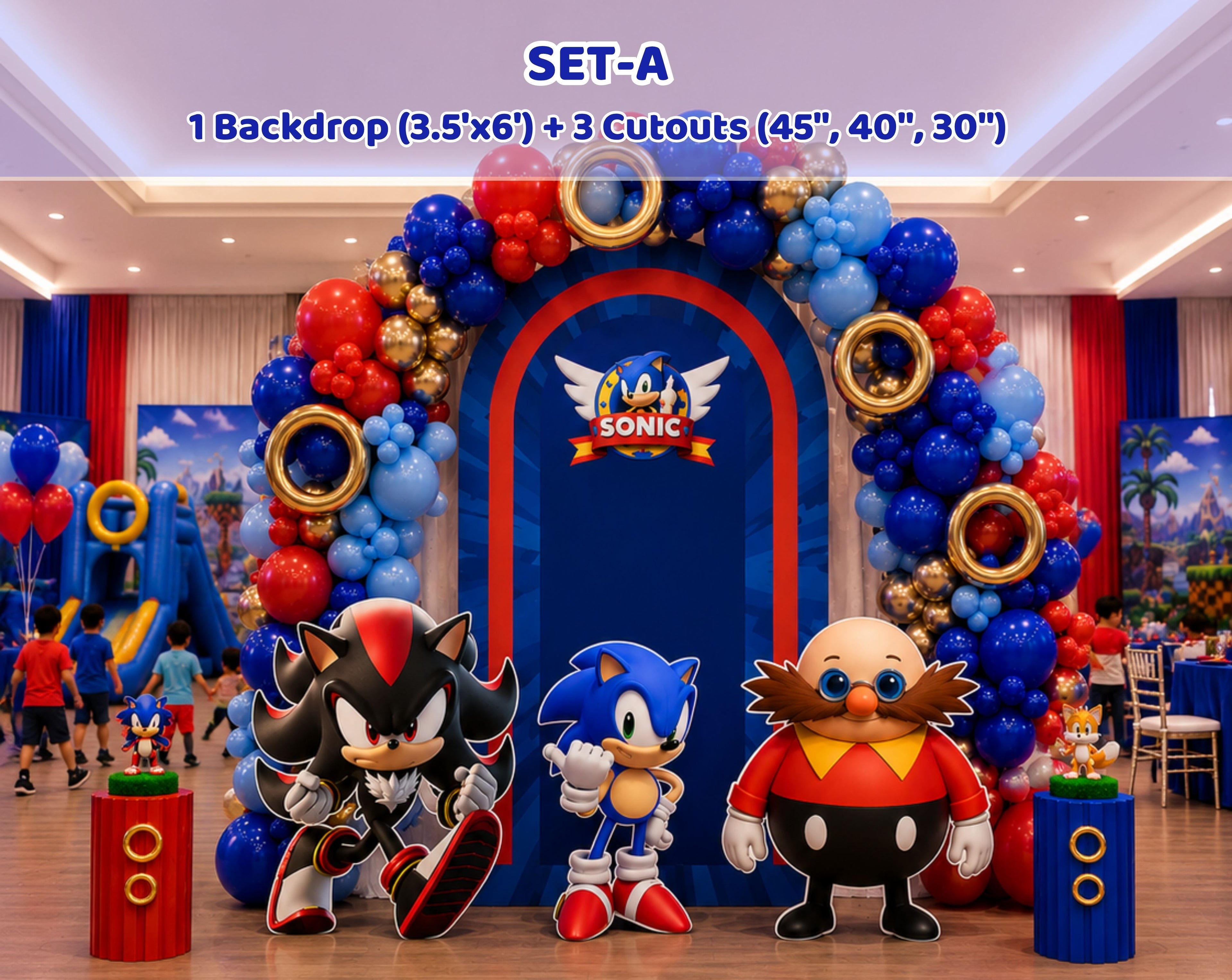 Custom Fast Blue Hedgehog Birthday Backdrop & Cutouts | Personalized Video Game Party Decorations