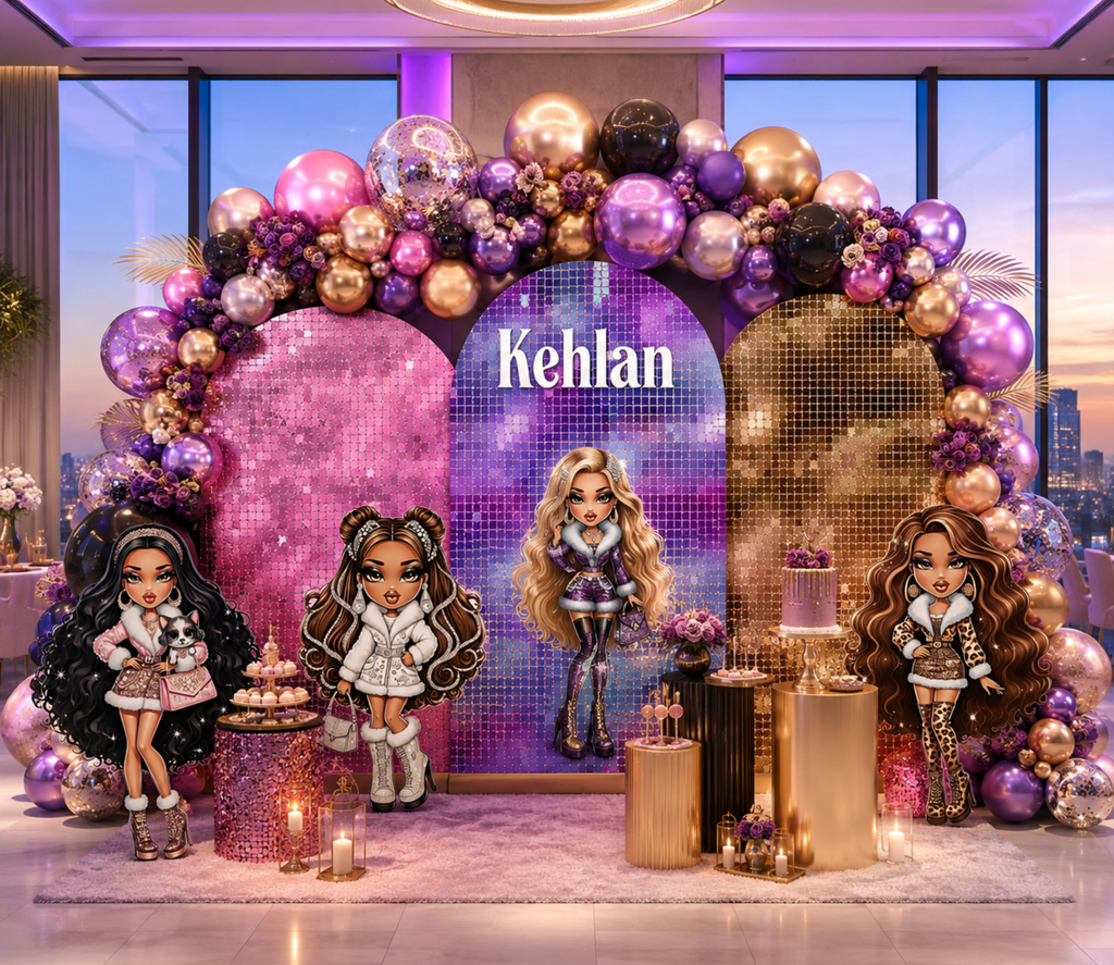 Custom Glam Fashion Doll Birthday Backdrop & Cutouts | Personalized Girly Party Decorations