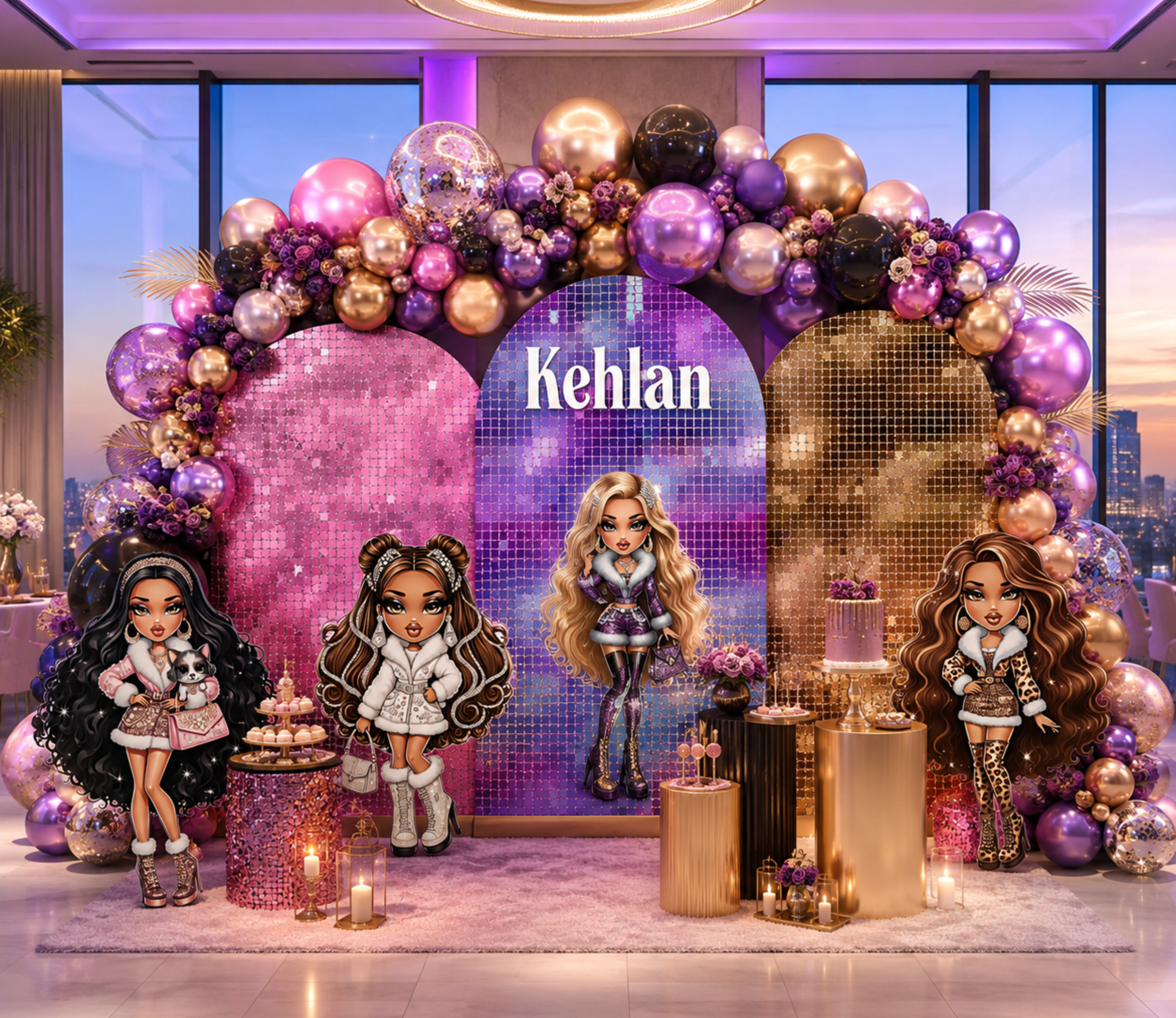 Custom Glam Fashion Doll Birthday Backdrop & Cutouts | Personalized Girly Party Decorations