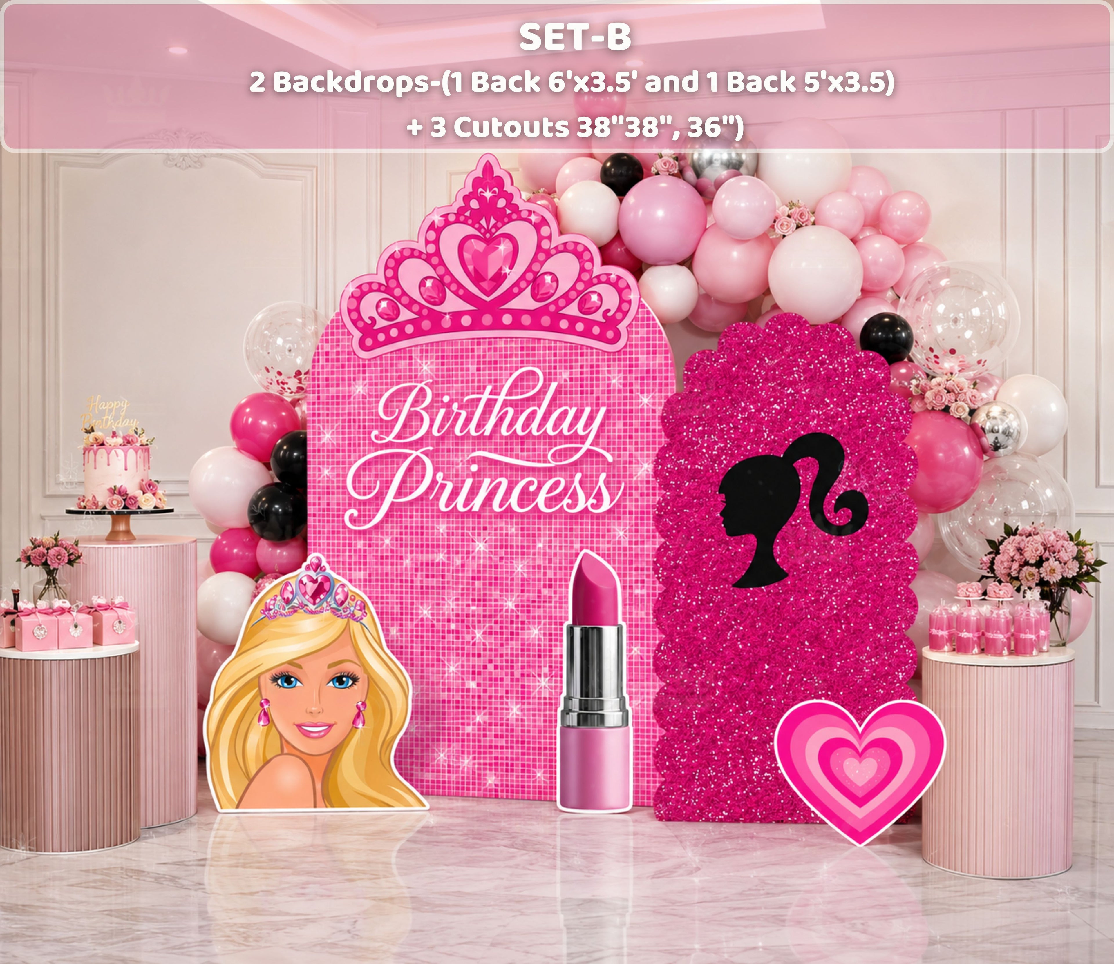 Pink doll birthday setup with fashion inspired backdrop panels, glam accents and bright pink party decorations for a custom event display.