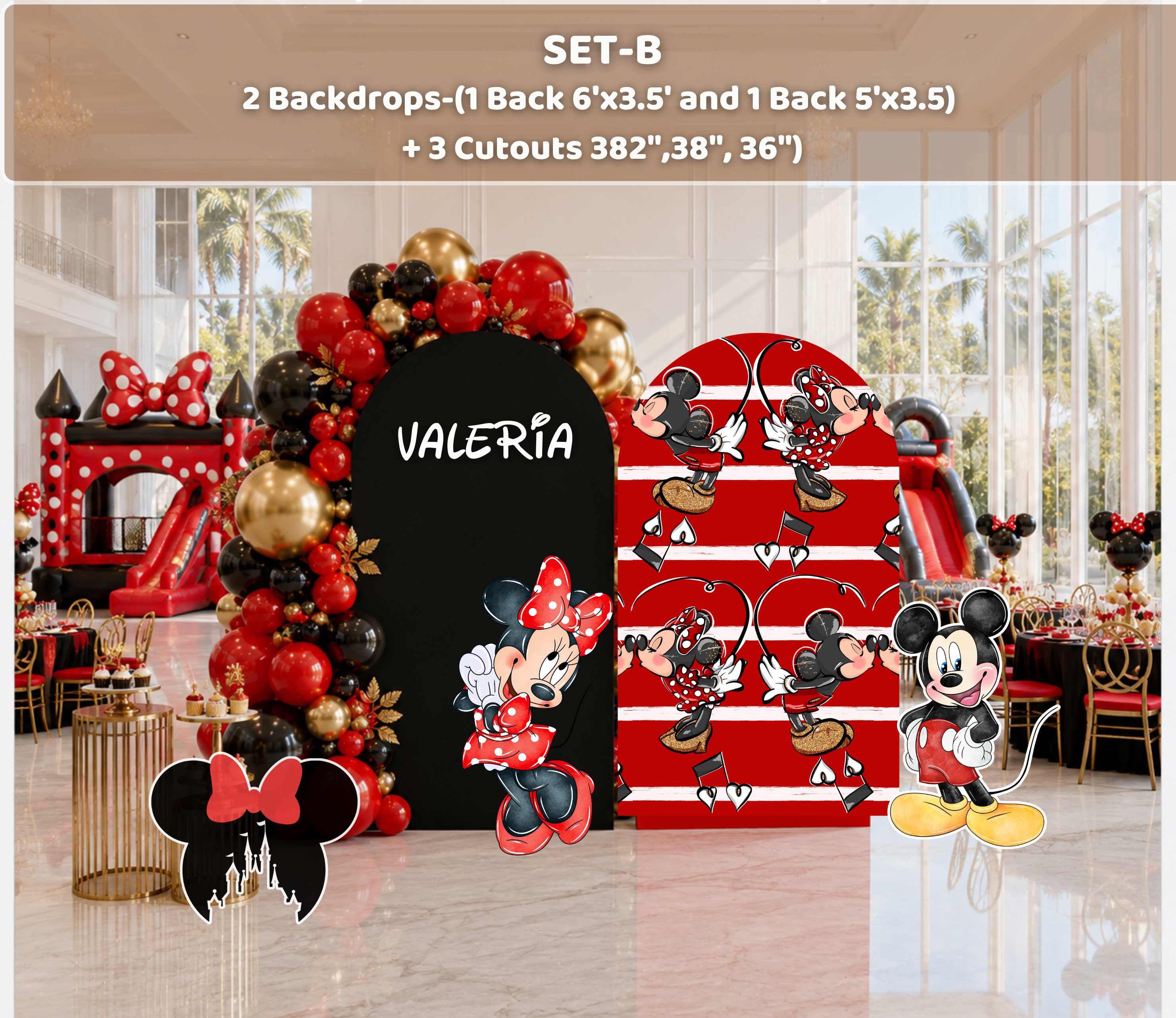 Classic Mouse Birthday Backdrop & Cutouts | Personalized Red Black Gold Party Decorations