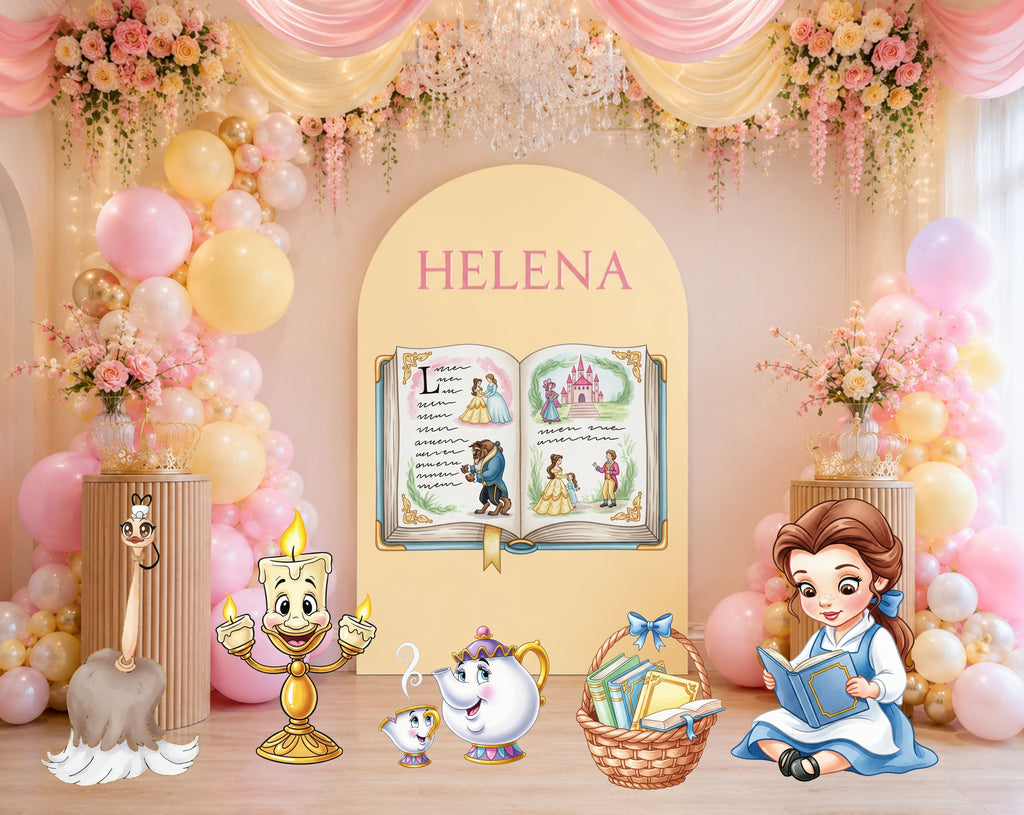 Princess fairytale birthday backdrop with pastel balloons, floral accents, and coordinating character cutouts for a custom celebration.