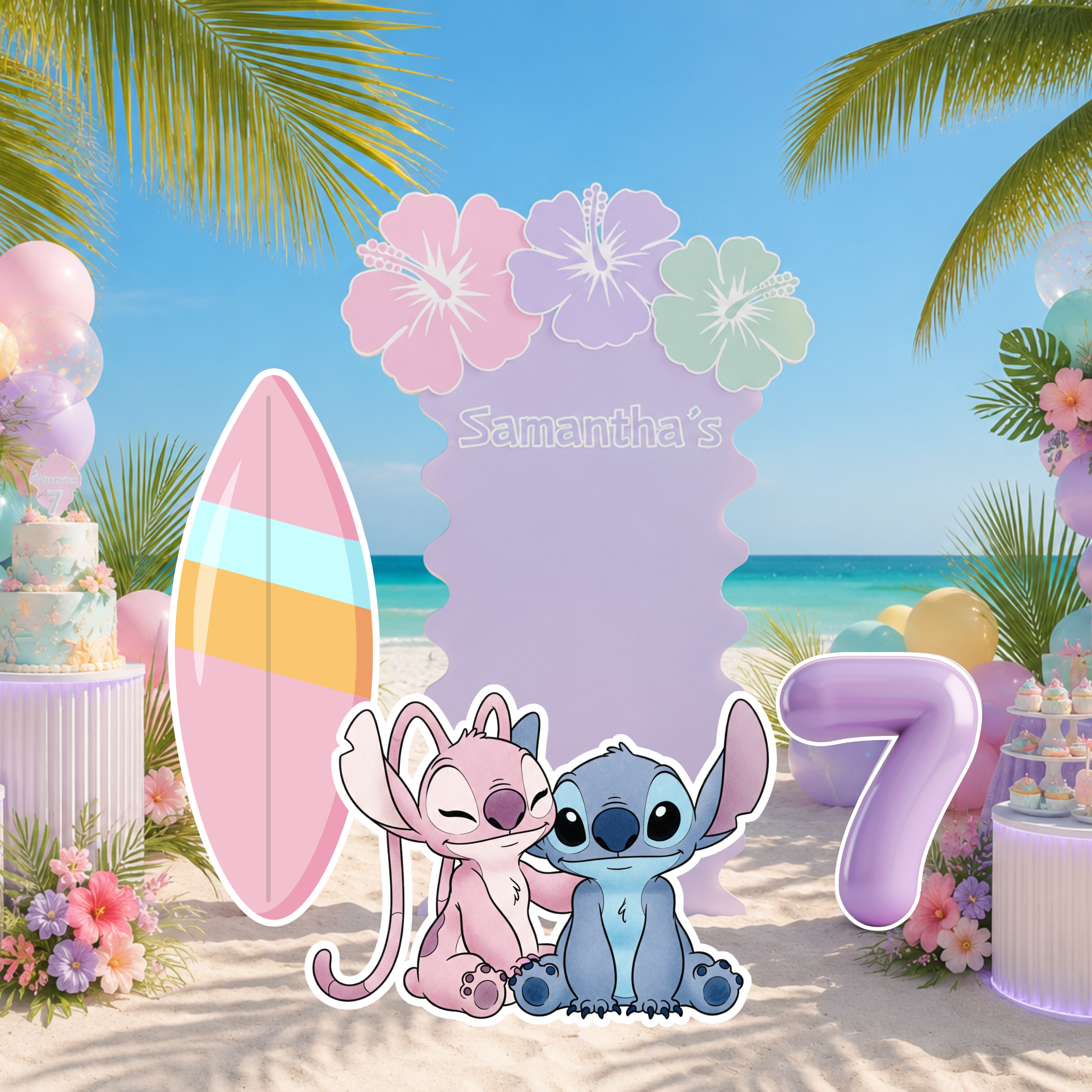 Pastel Blue Alien Beach Birthday Backdrop & Cutouts | Personalized Tropical Kids Party Decorations