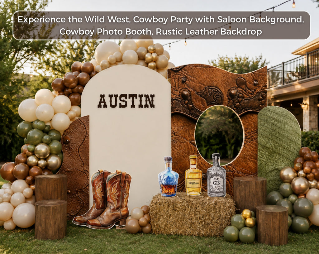 Rustic cowboy party backdrop with western saloon inspired details, neutral earth tones and matching cutouts for a birthday celebration.