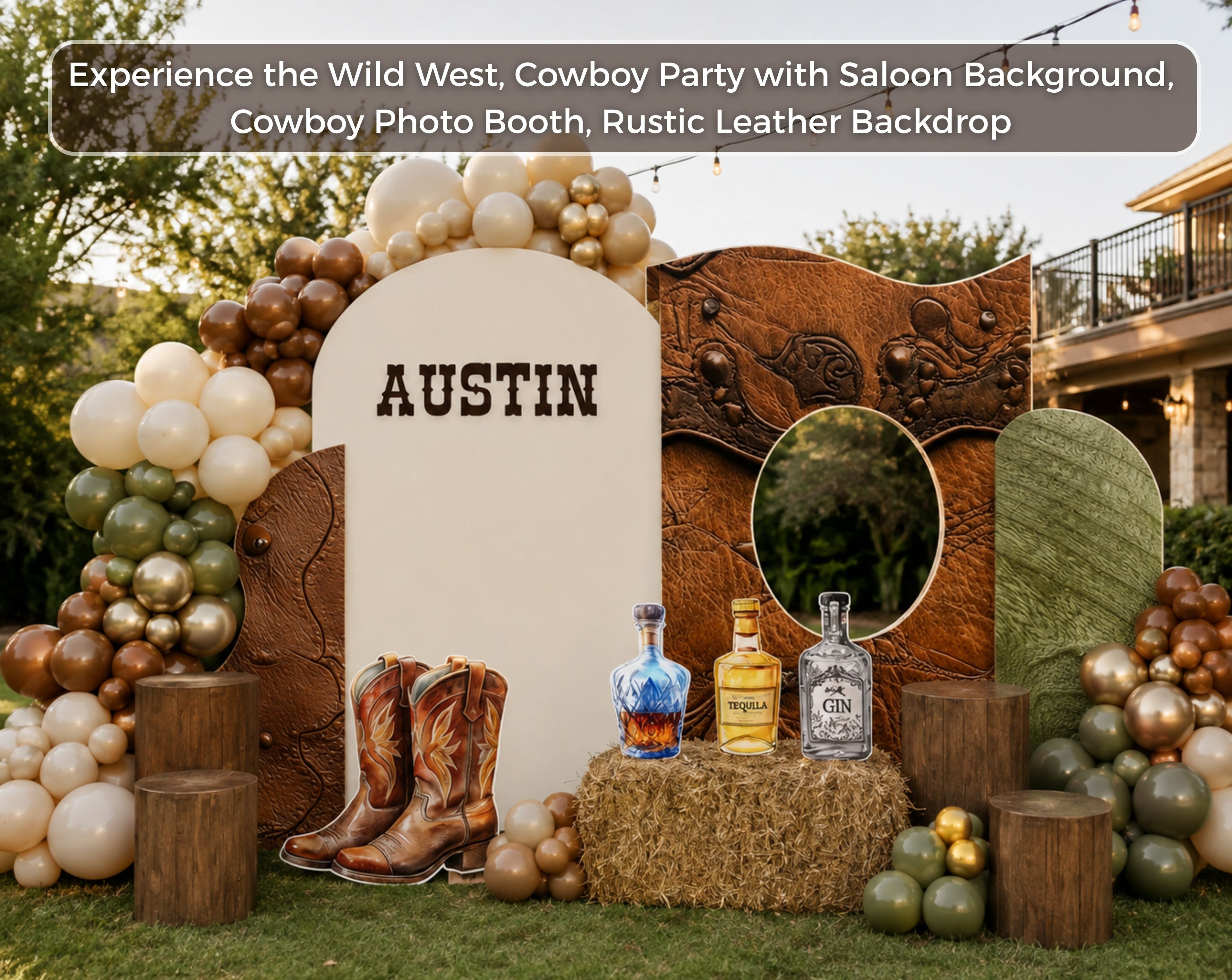 Rustic cowboy party backdrop with western saloon inspired details, neutral earth tones and matching cutouts for a birthday celebration.