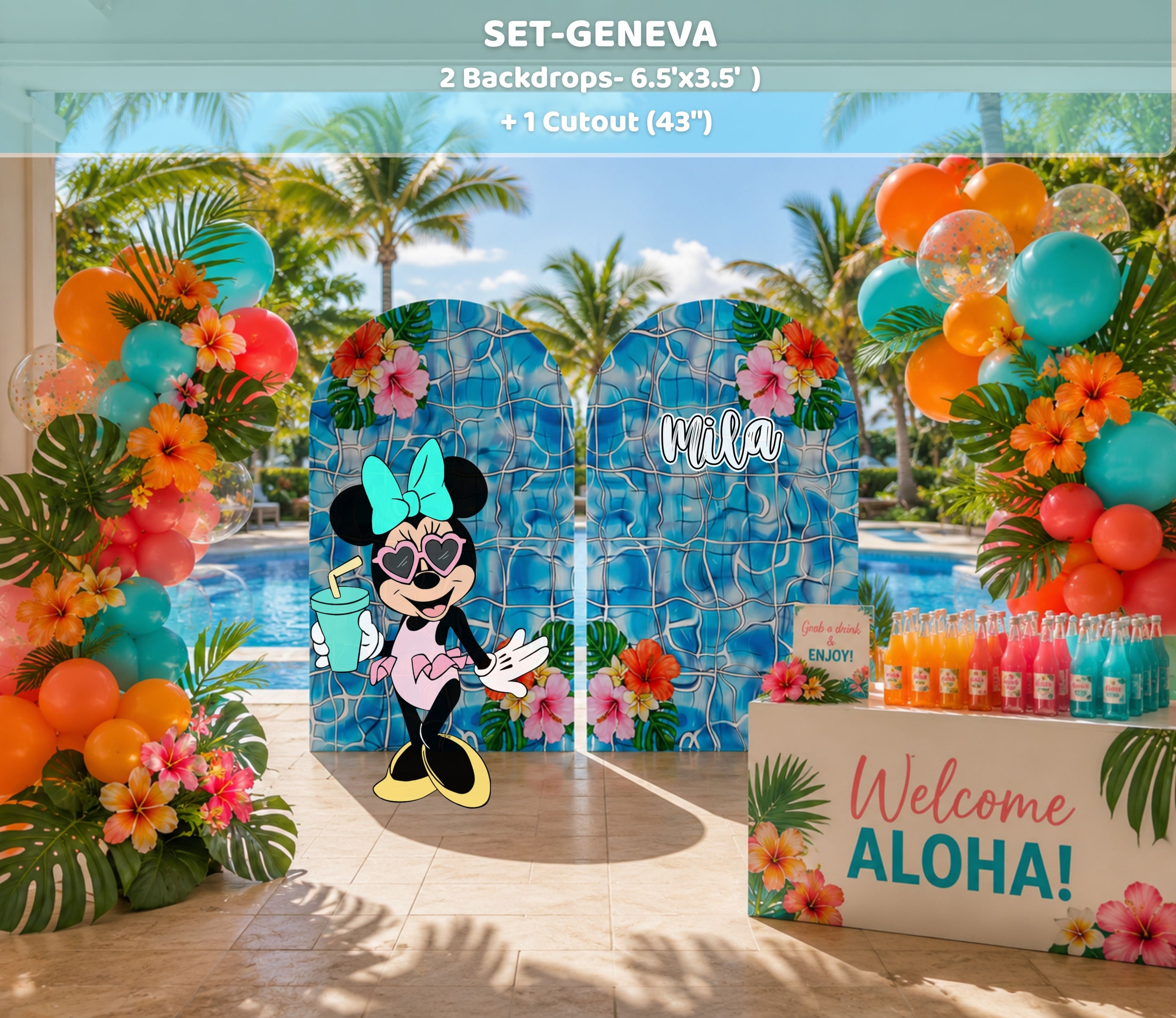 Personalized tropical pool party backdrop set with blue panels, orange balloons, character cutout and summer birthday decorations.