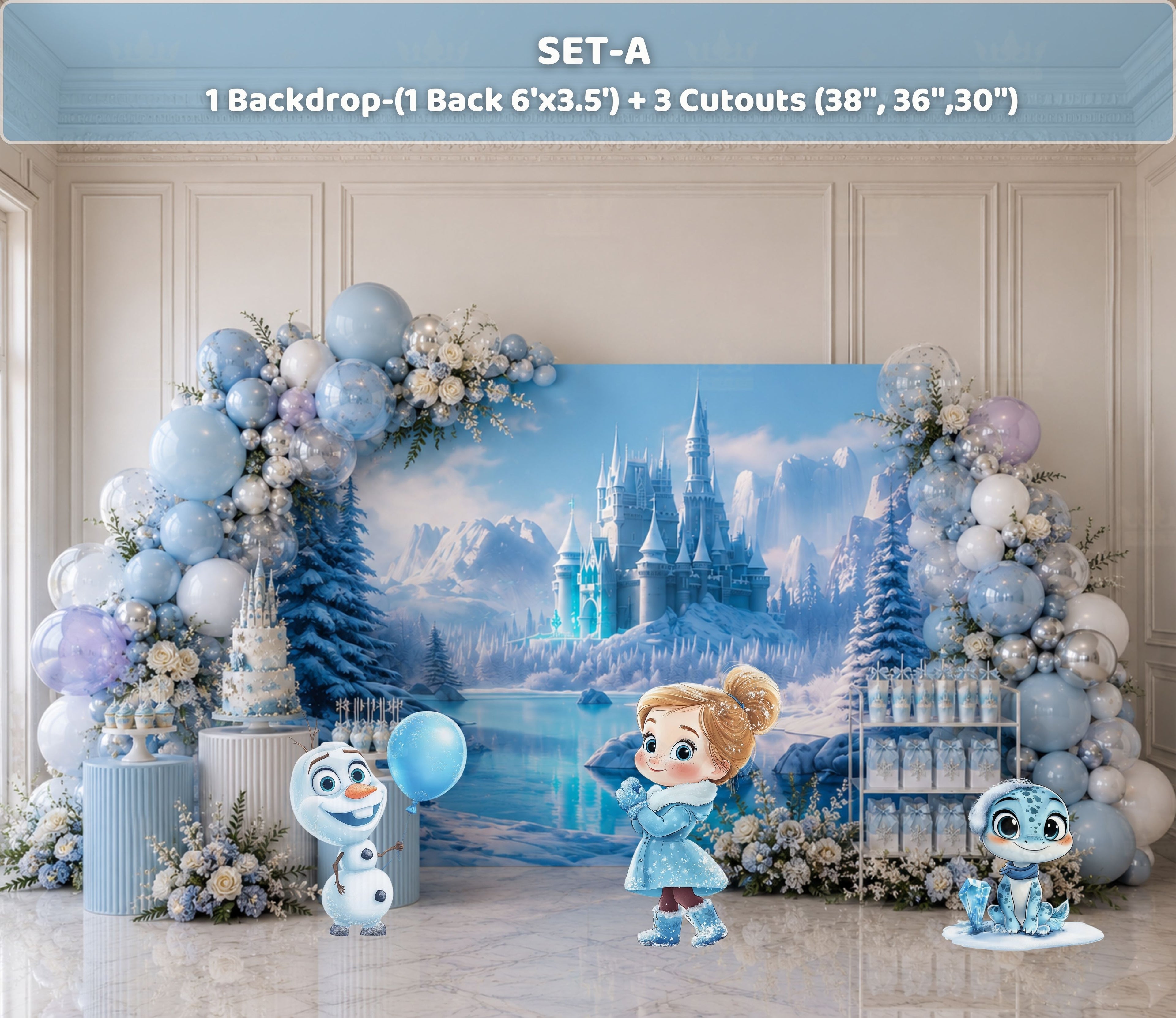 Personalized winter princess party backdrop with blue balloons and matching character cutouts