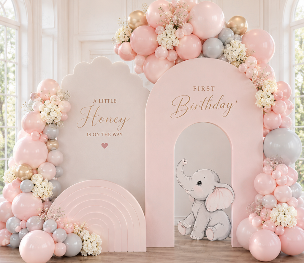 Baby Elephant Baptism Backdrop & Cutouts | Personalized Pink Little Blessing Party Decor