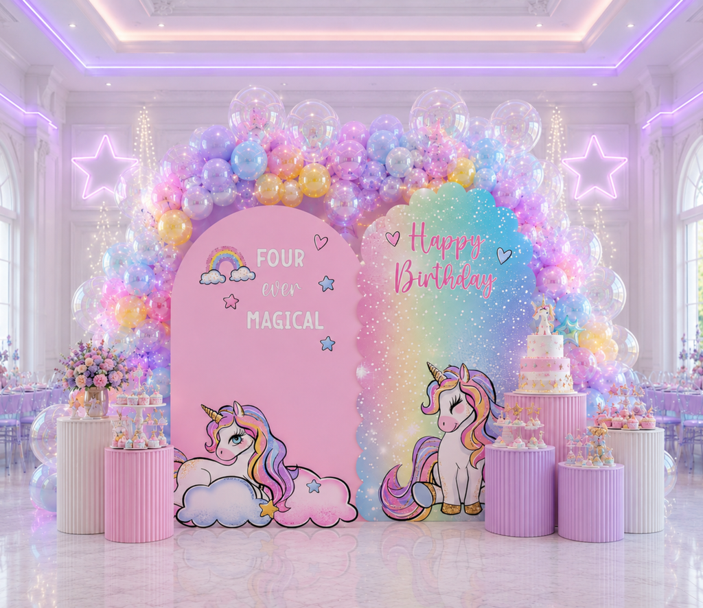 Custom Unicorn Birthday Backdrops & Cutouts | Pink Pastel Unicorn Party Decorations