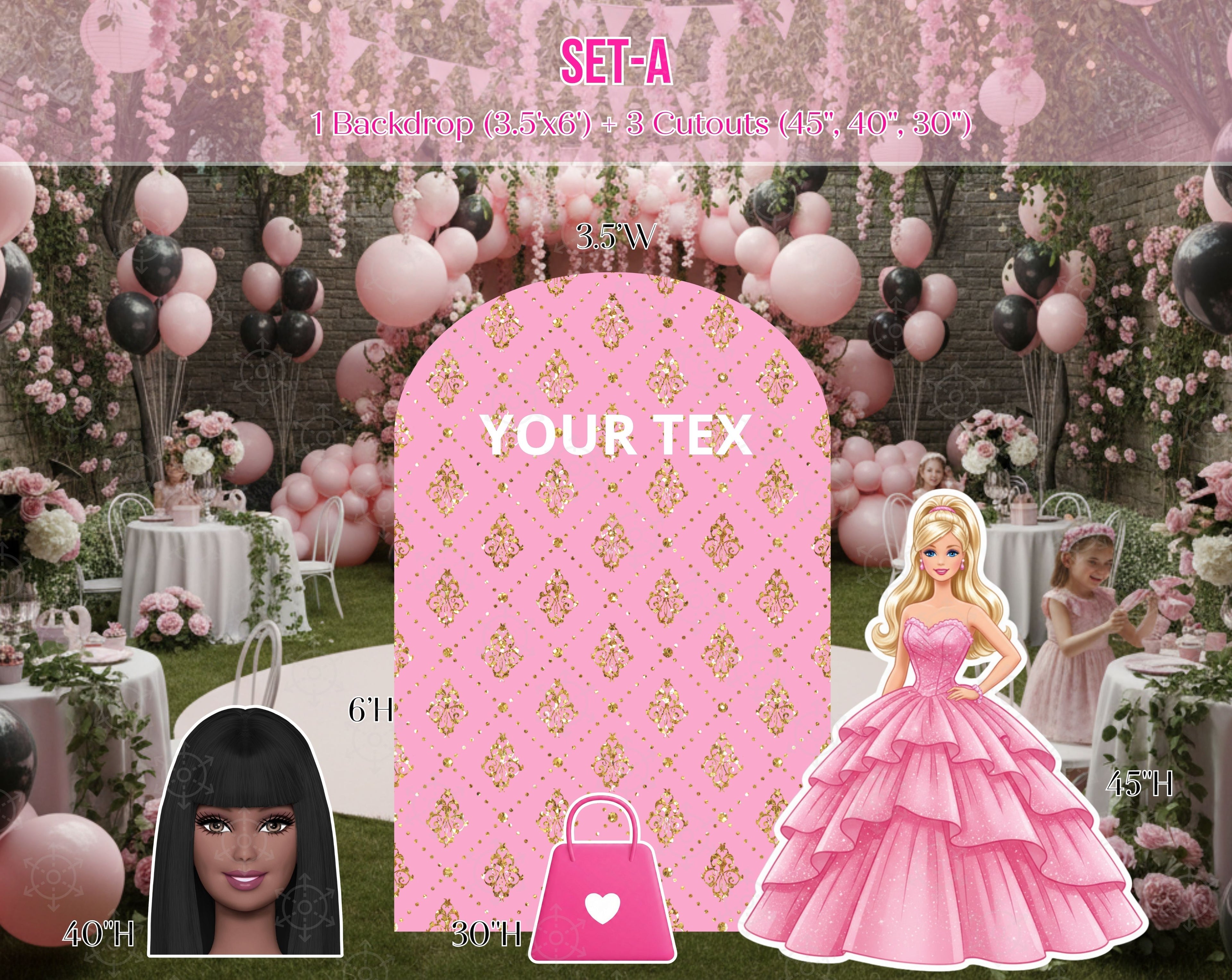 Pink Doll Party Backdrop & Cutouts | Personalized Glam Girls Birthday Decorations