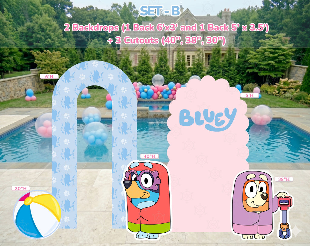 Blue Puppy Pool Party Backdrop & Cutouts | Summer Kids Birthday Decorations