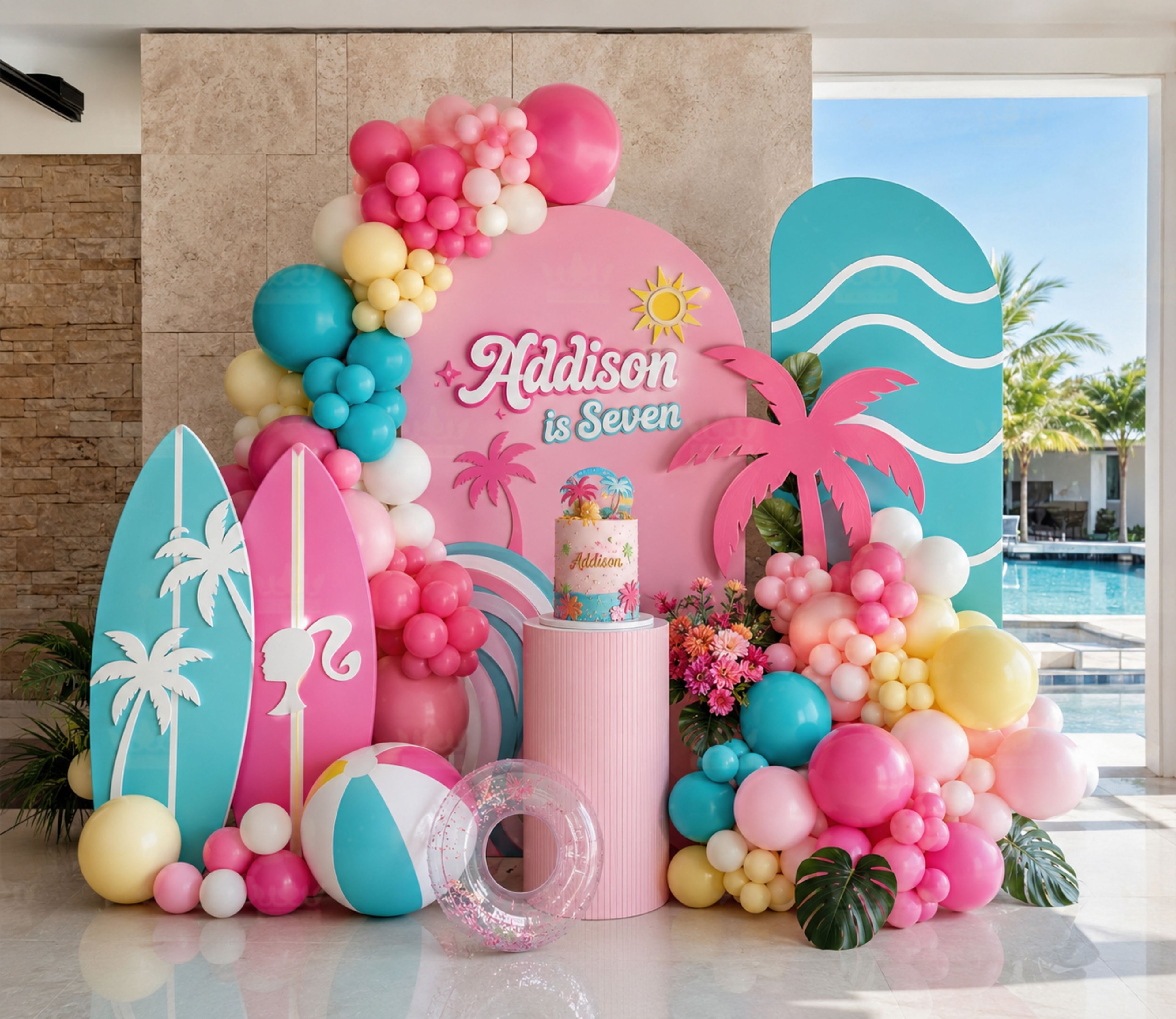 Barbie Summer Party Decorations | Personalized Pool Party Backdrop Set | Tropical Birthday Decor