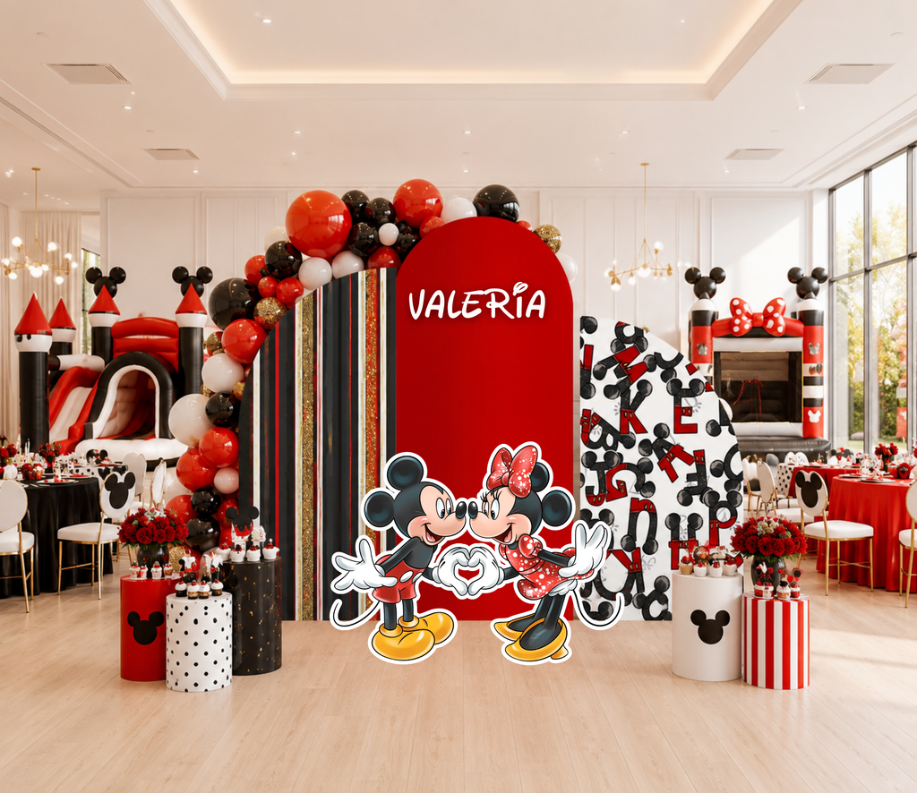 Classic Mouse Birthday Backdrop & Cutouts | Personalized Red Black Gold Party Decorations