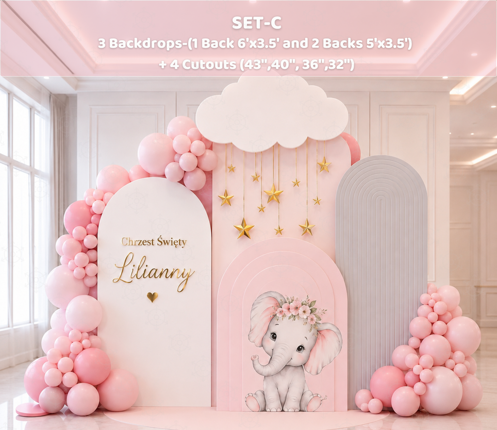 Baby Elephant Baptism Backdrop & Cutouts | Personalized Pink Little Blessing Party Decor