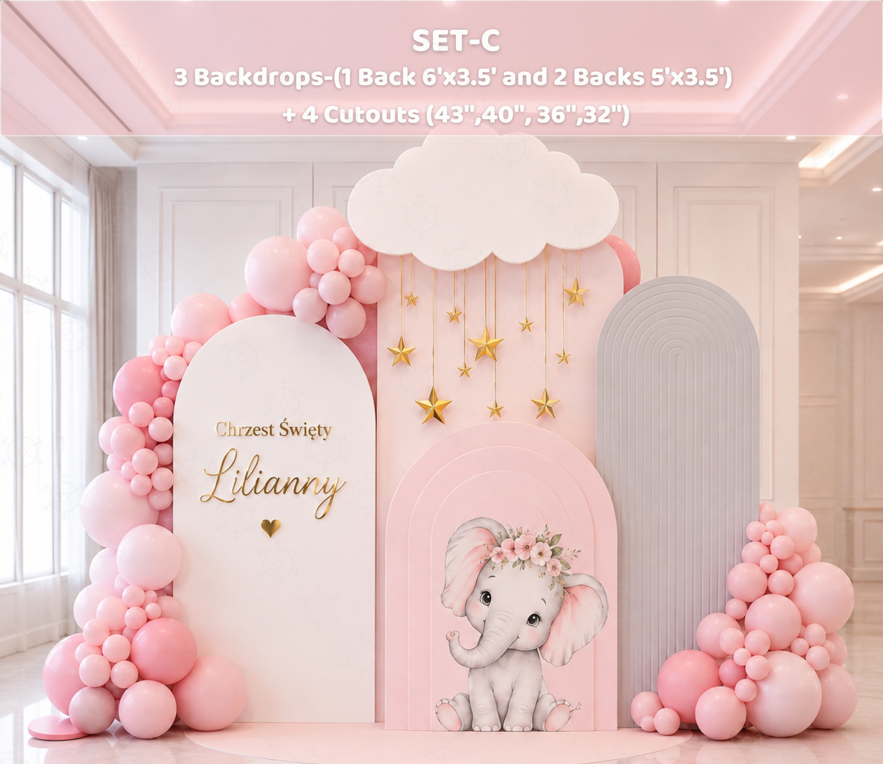 Baby Elephant Baptism Backdrop & Cutouts | Personalized Pink Little Blessing Party Decor
