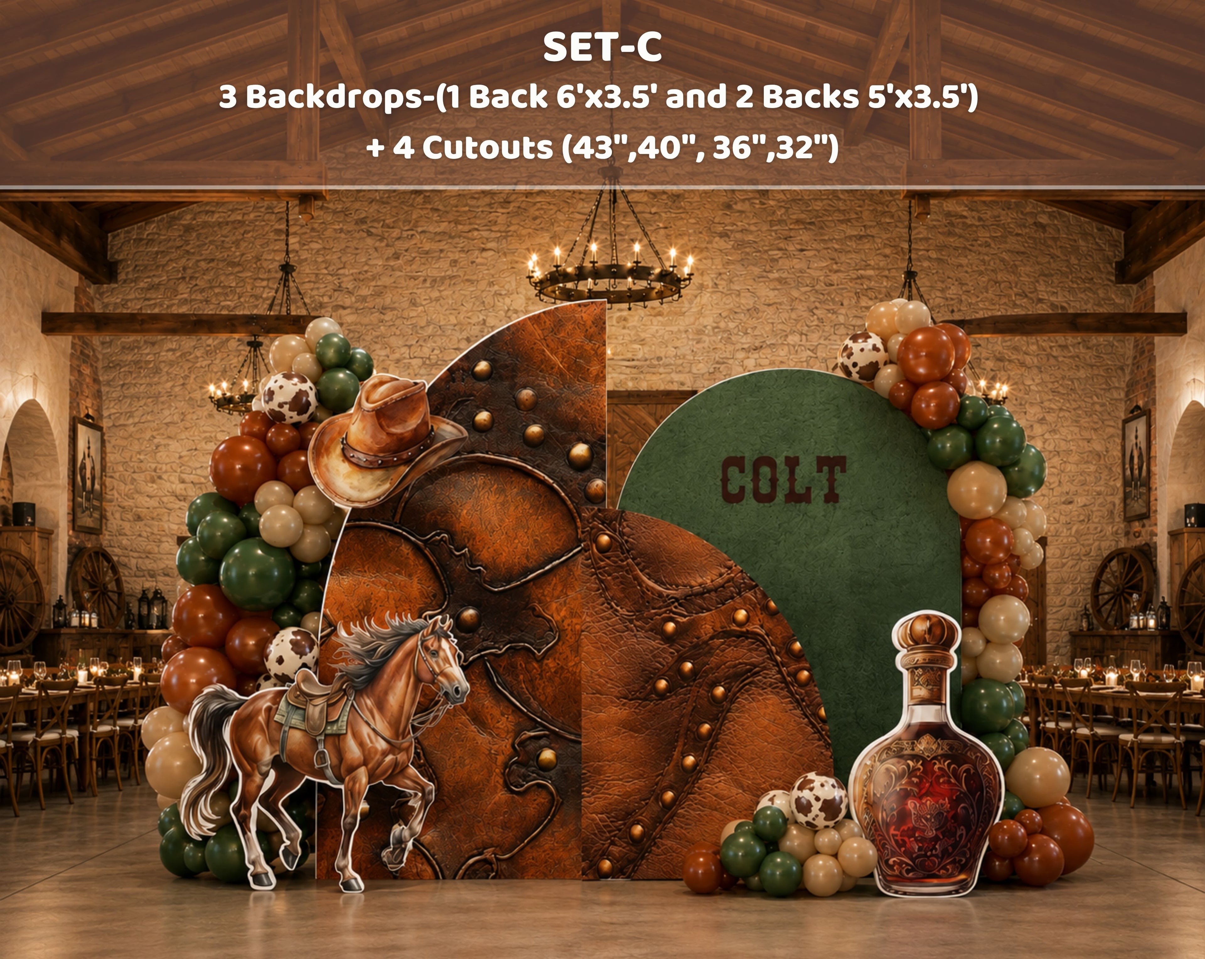 Cowboy birthday backdrop with warm rustic tones, western themed props and personalized Wild West party decorations.