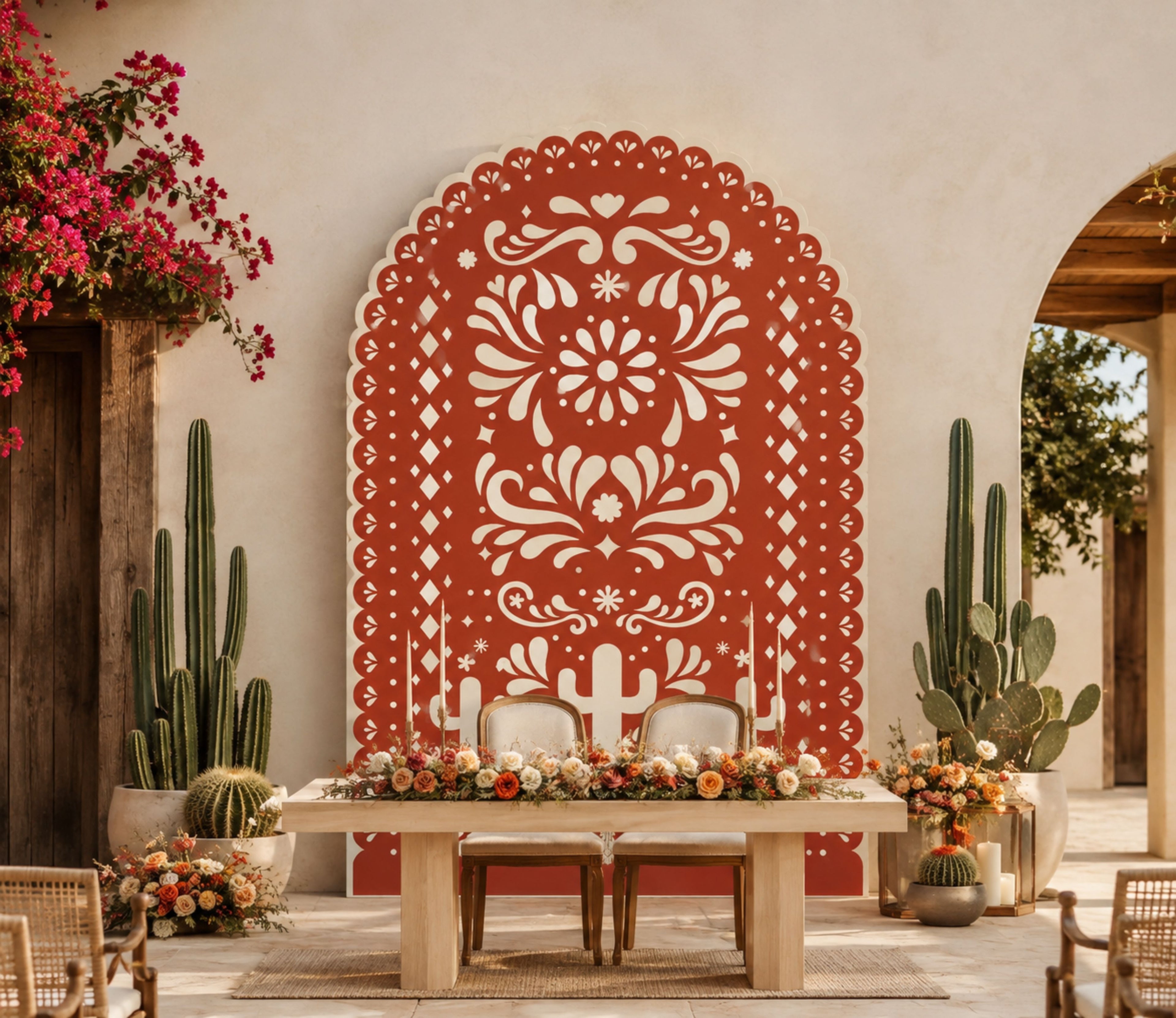 Rustic papel picado backdrop with bench and floral decor for Mexican-inspired wedding or fiesta