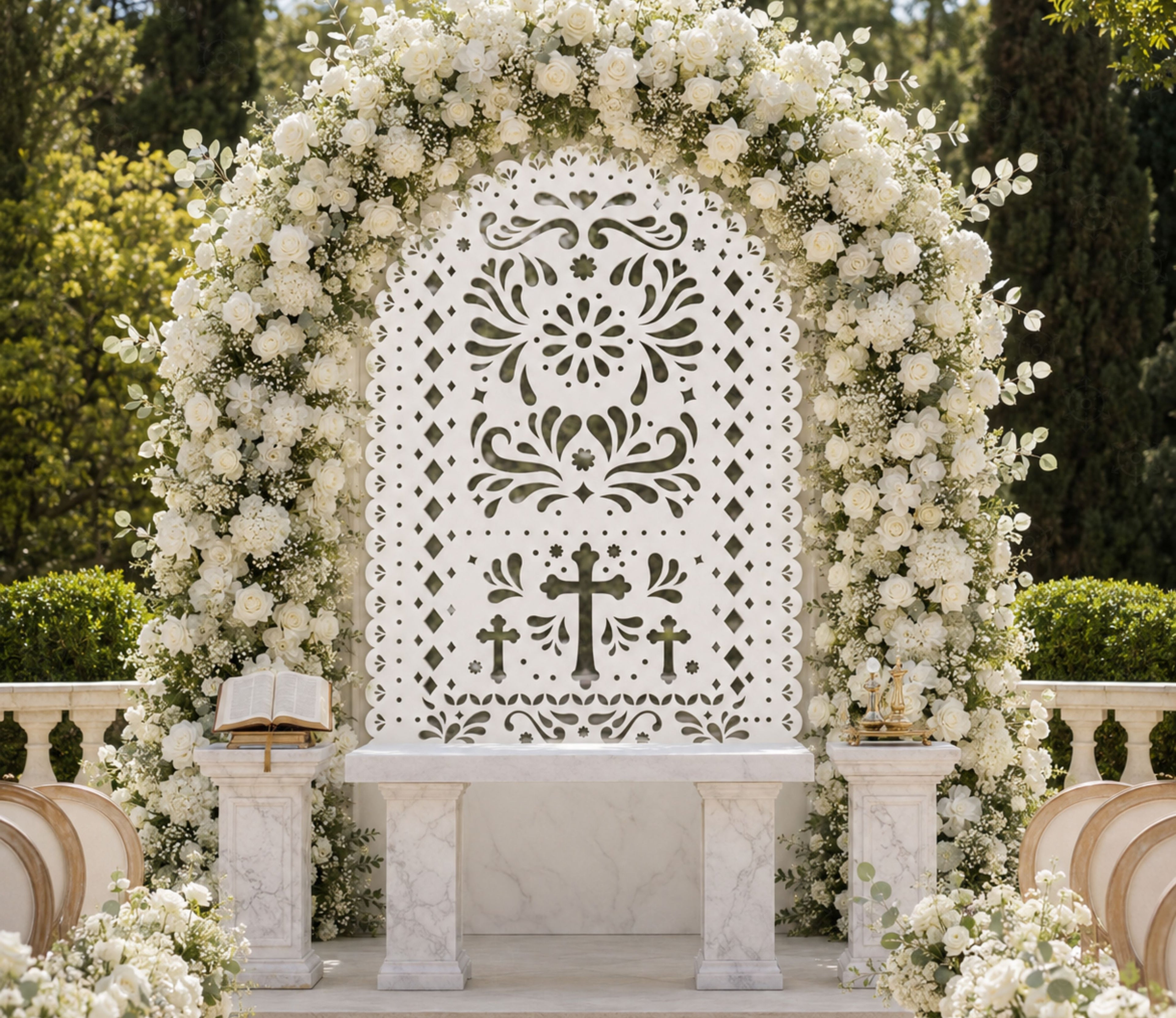 White Christian papel picado backdrop with floral decor for baptism or First Communion