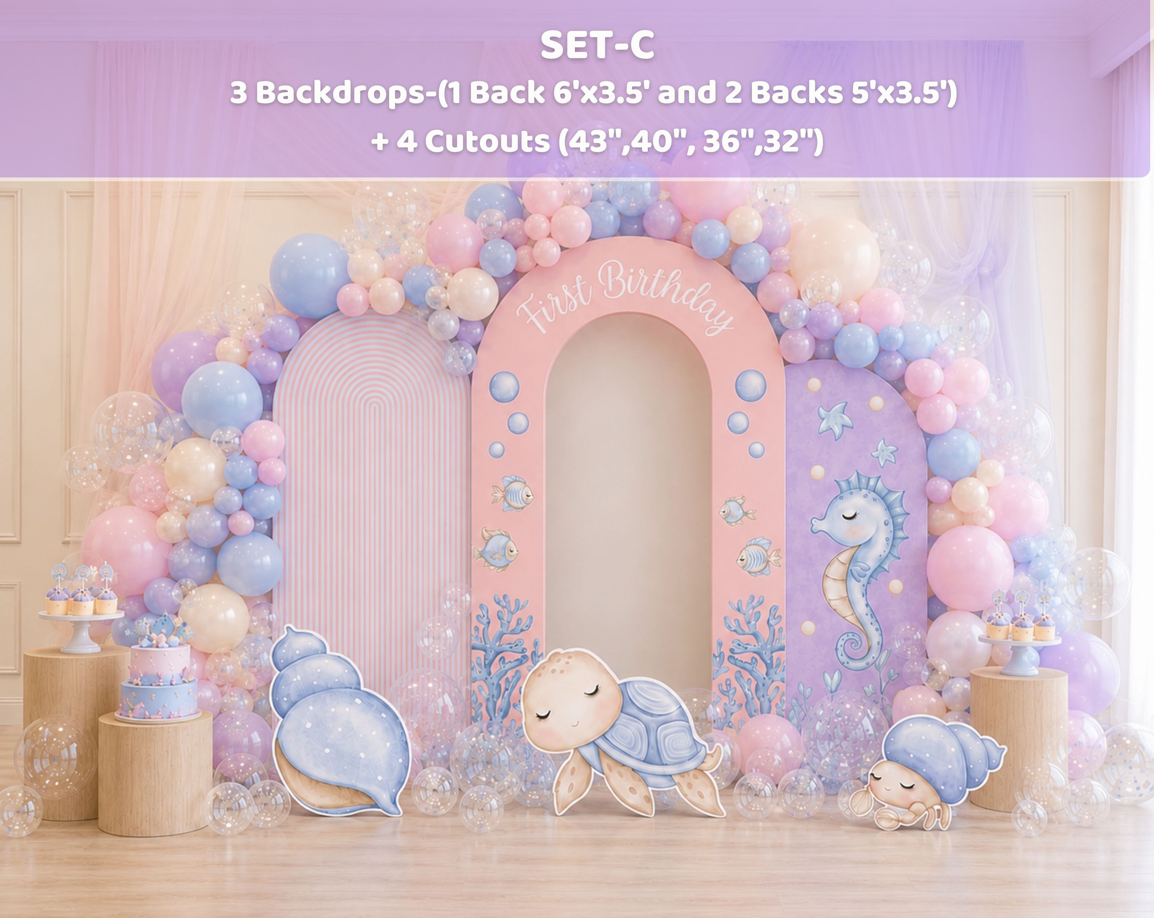 Lavender and pastel ocean birthday backdrop with balloon garland, sea life decor and soft under the sea party styling.