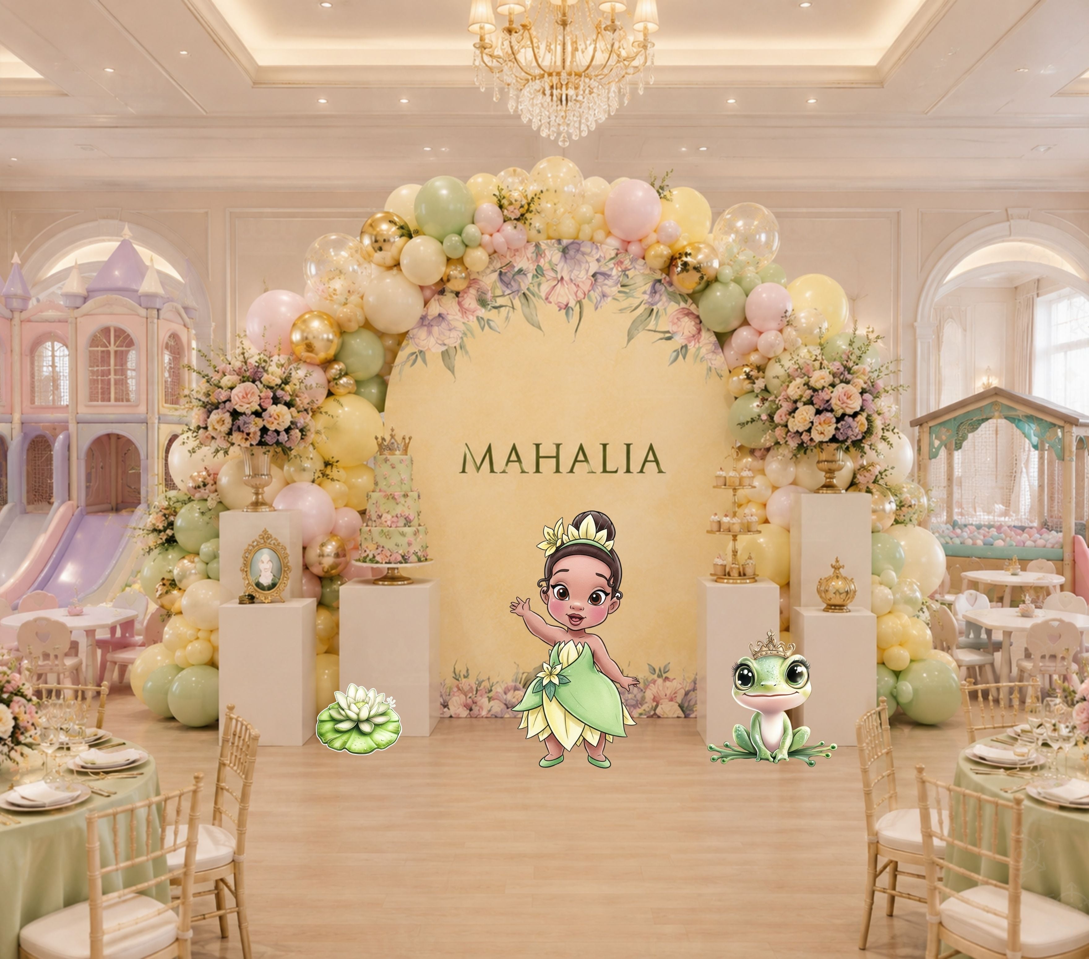 Golden yellow frog princess backdrop with elegant pastel floral arch and party decorations