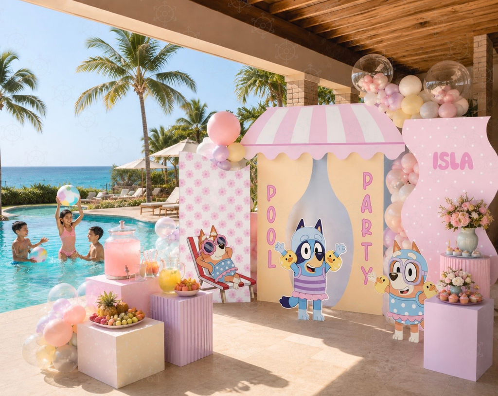 Blue Puppy Pool Party Backdrop & Cutouts | Summer Kids Birthday Decorations