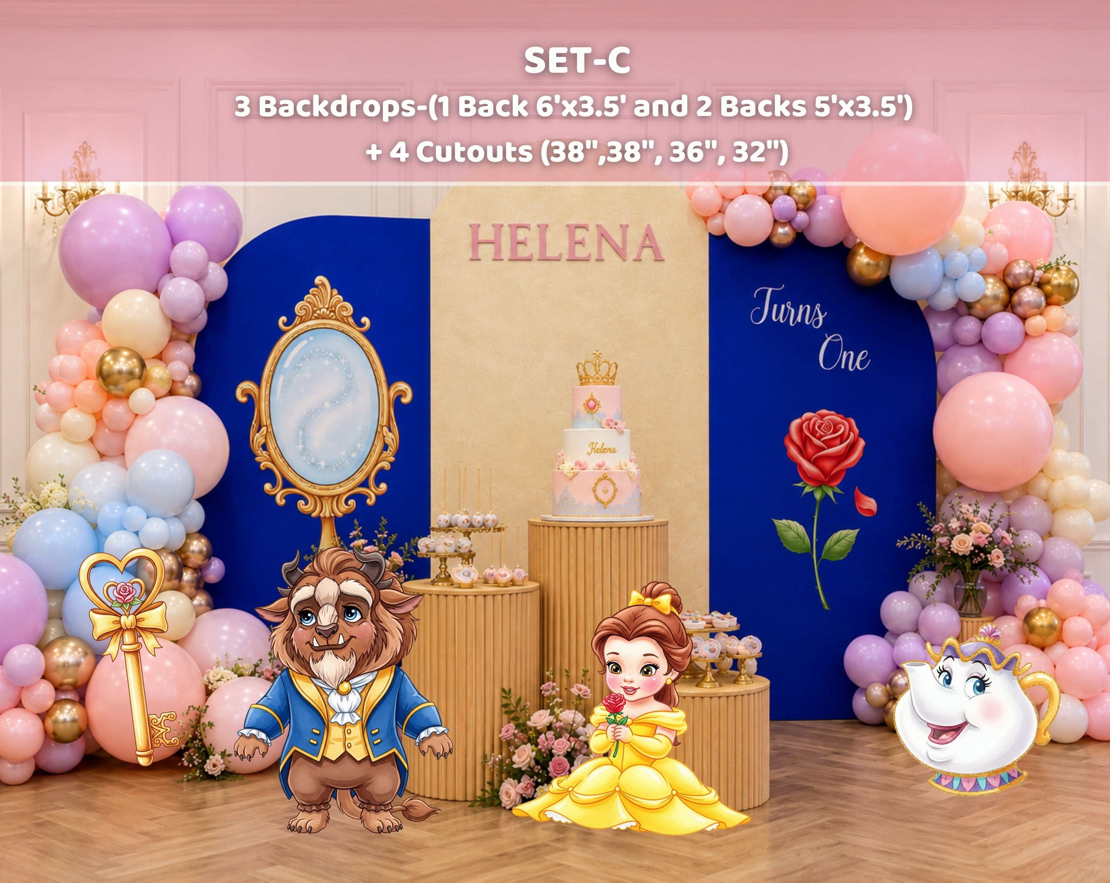 Princess storybook birthday setup with personalized backdrop, character cutouts, and elegant pastel celebration decor.