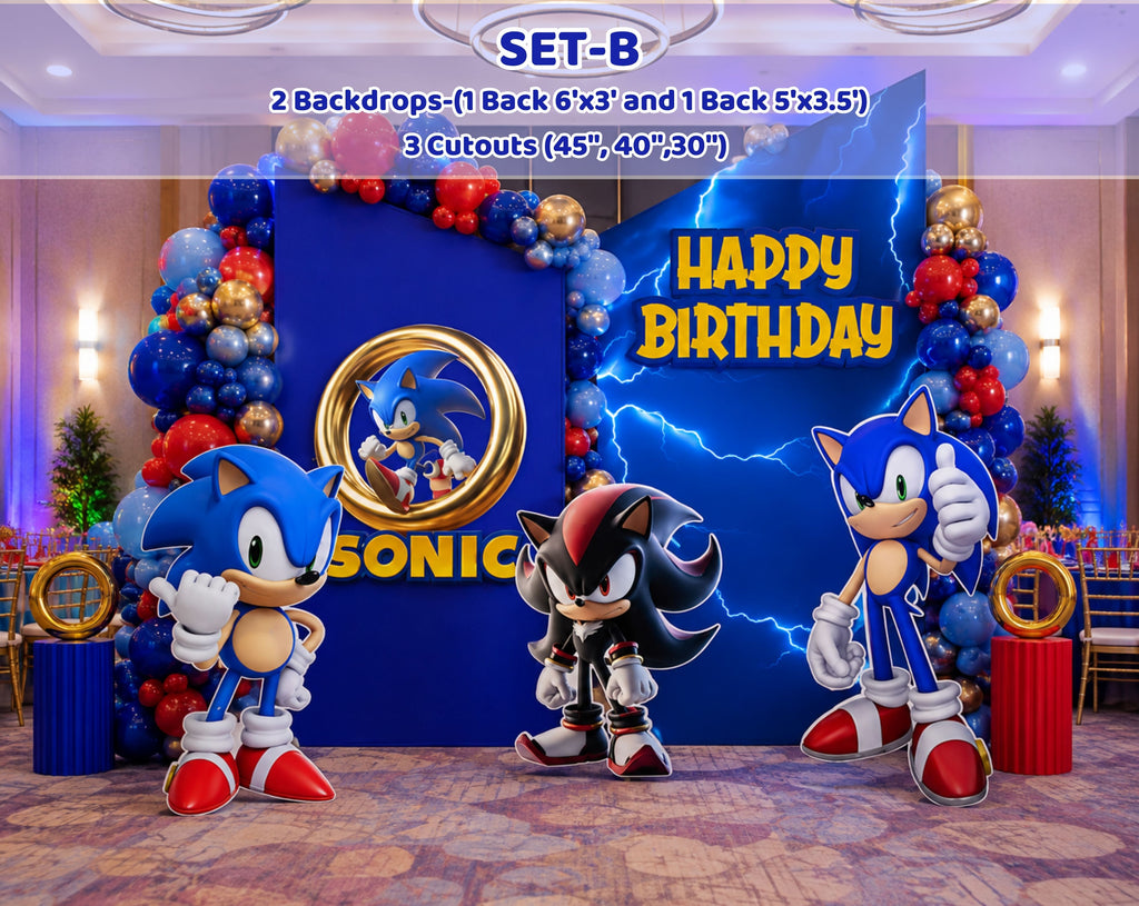 Custom Fast Blue Hedgehog Birthday Backdrop & Cutouts | Personalized Video Game Party Decorations
